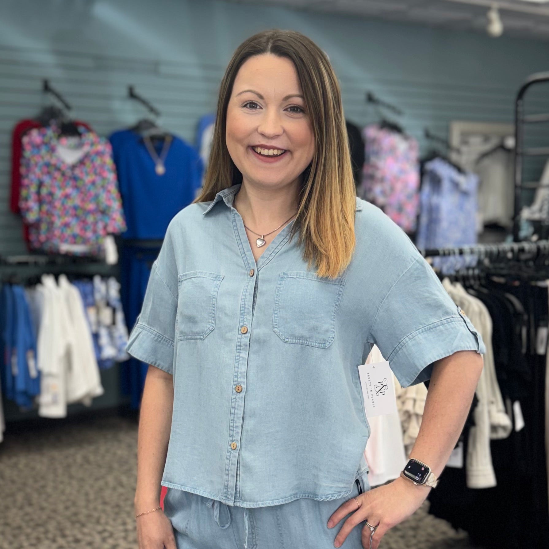Short Sleeve Button Front Tencel Blouse With Patch Pocket