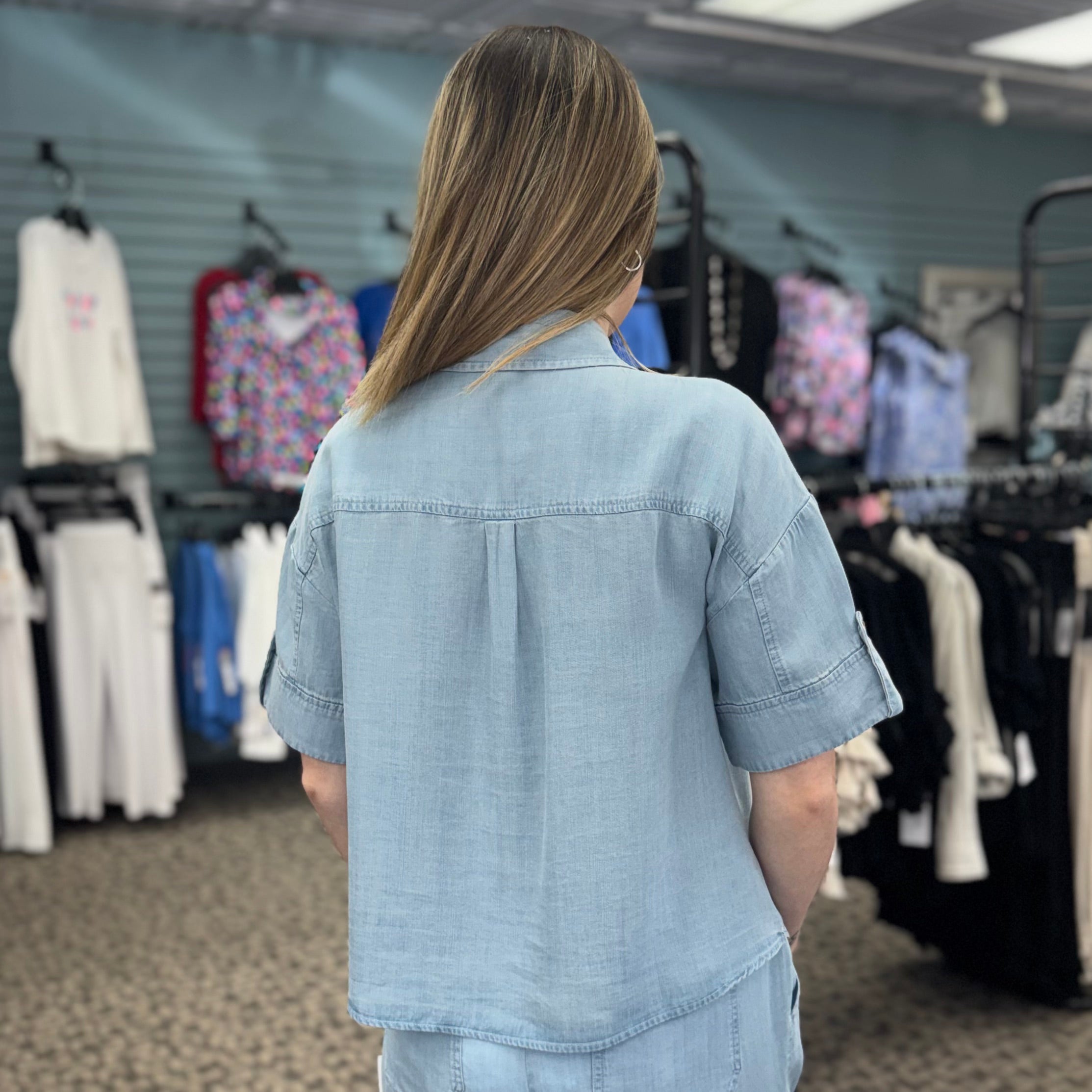 Short Sleeve Button Front Tencel Blouse With Patch Pocket