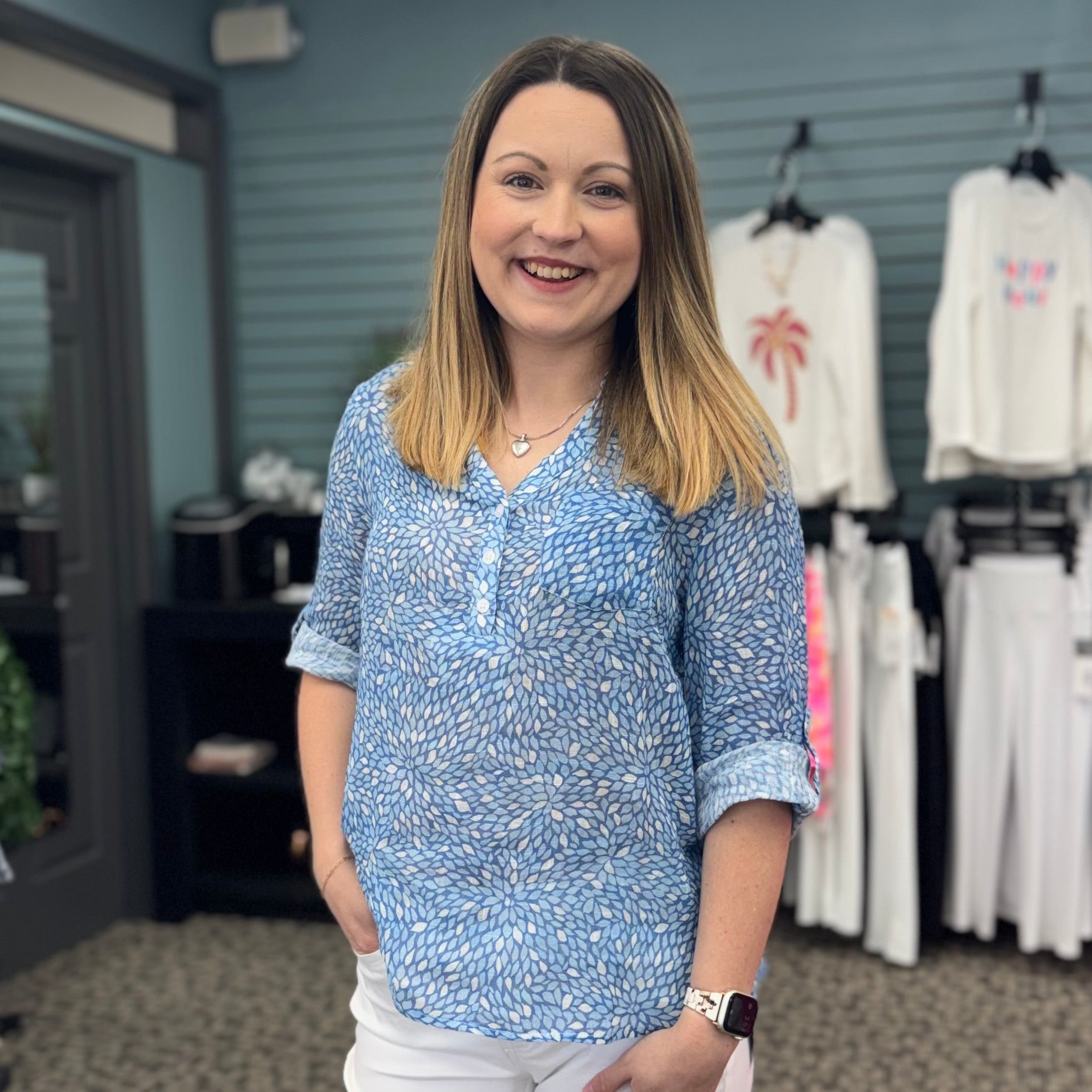 Printed Roll-Up Sleeve Cotton Gauze Blouse