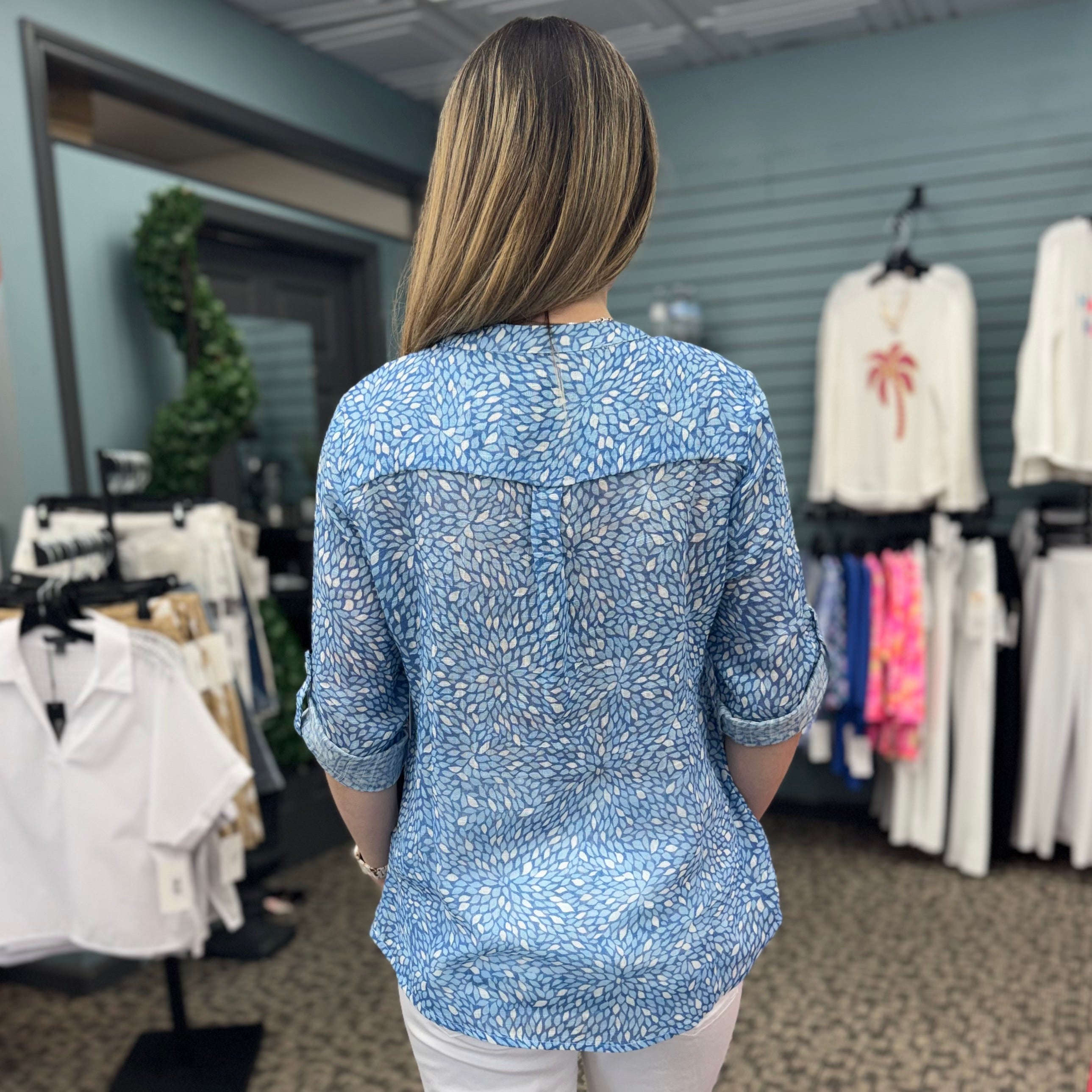 Printed Roll-Up Sleeve Cotton Gauze Blouse