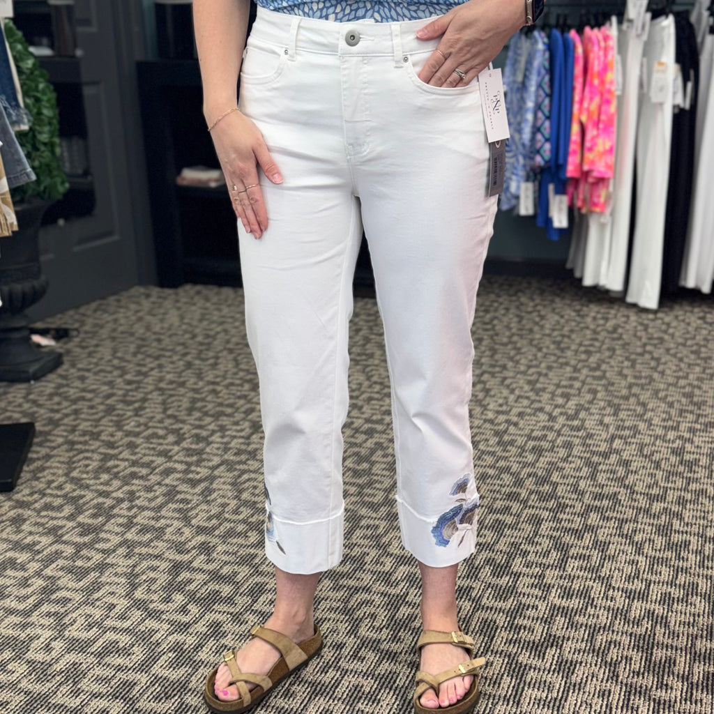Floral Embroidered Stretch Denim Cuff Capri