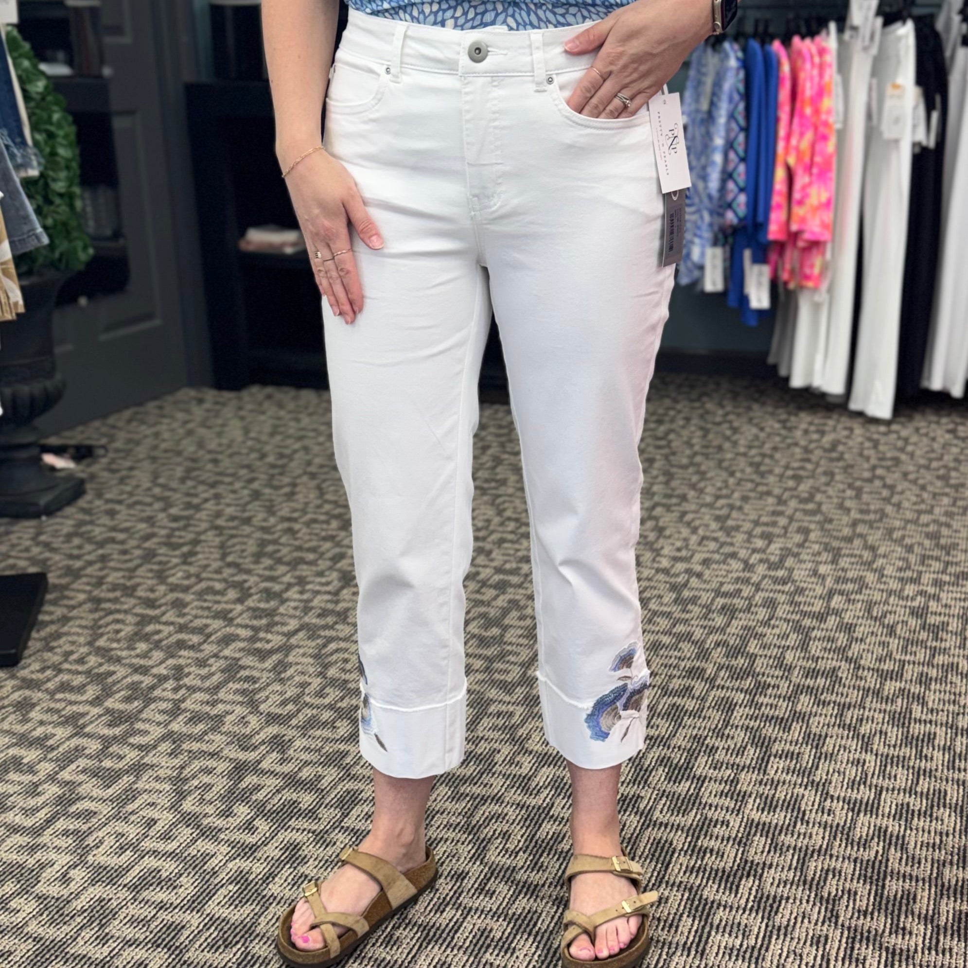Floral Embroidered Stretch Denim Cuff Capri