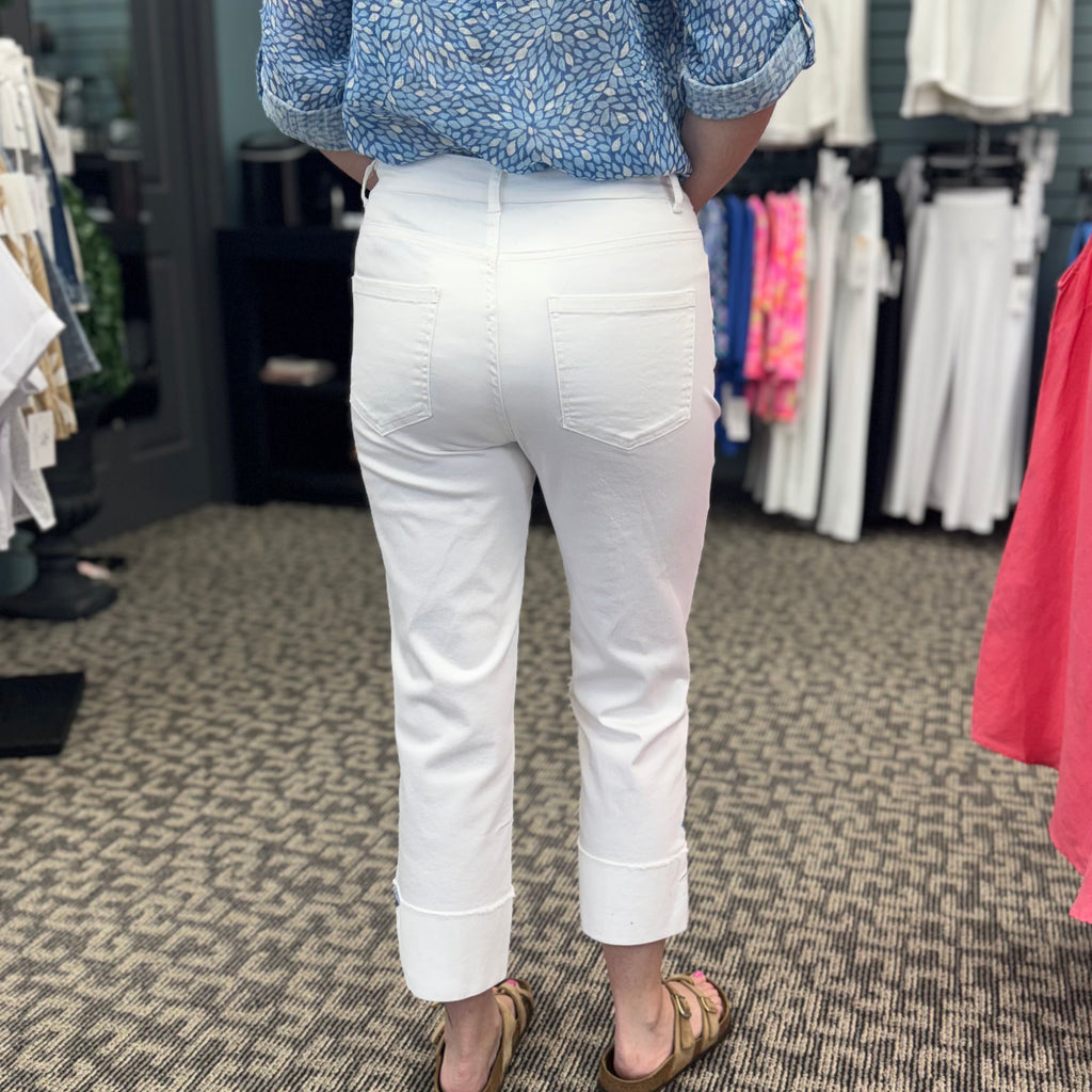 Floral Embroidered Stretch Denim Cuff Capri