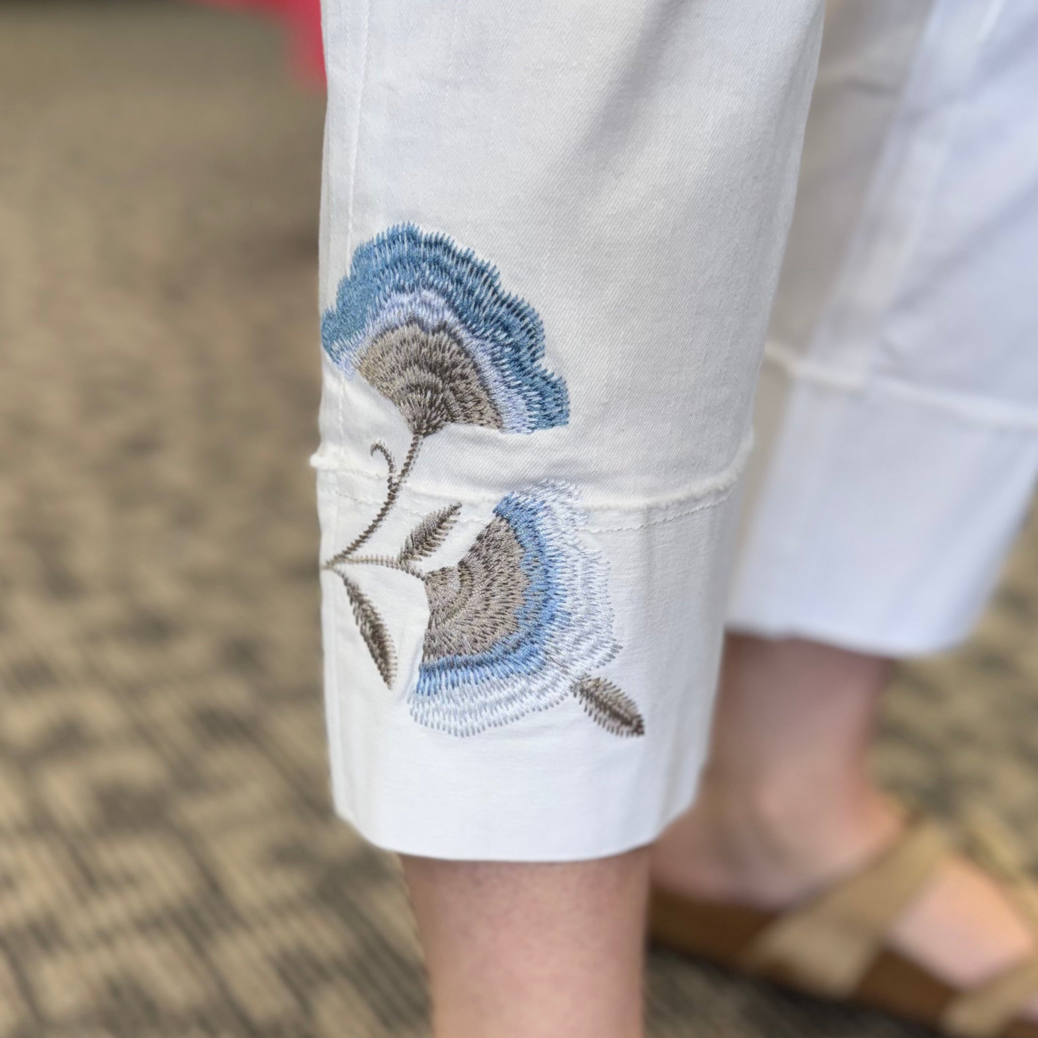 Floral Embroidered Stretch Denim Cuff Capri