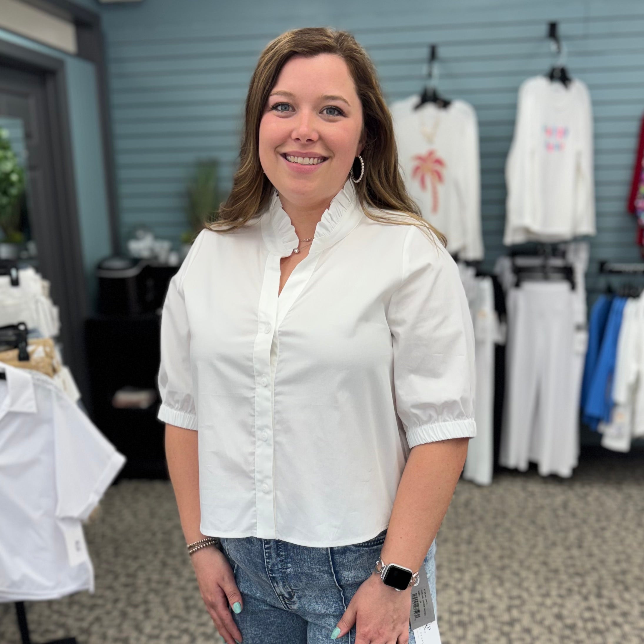 Short Sleeve V-Neck Top with Elastic Half Sleeve