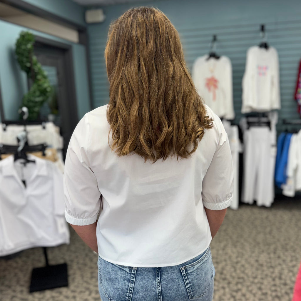 Short Sleeve V-Neck Top with Elastic Half Sleeve