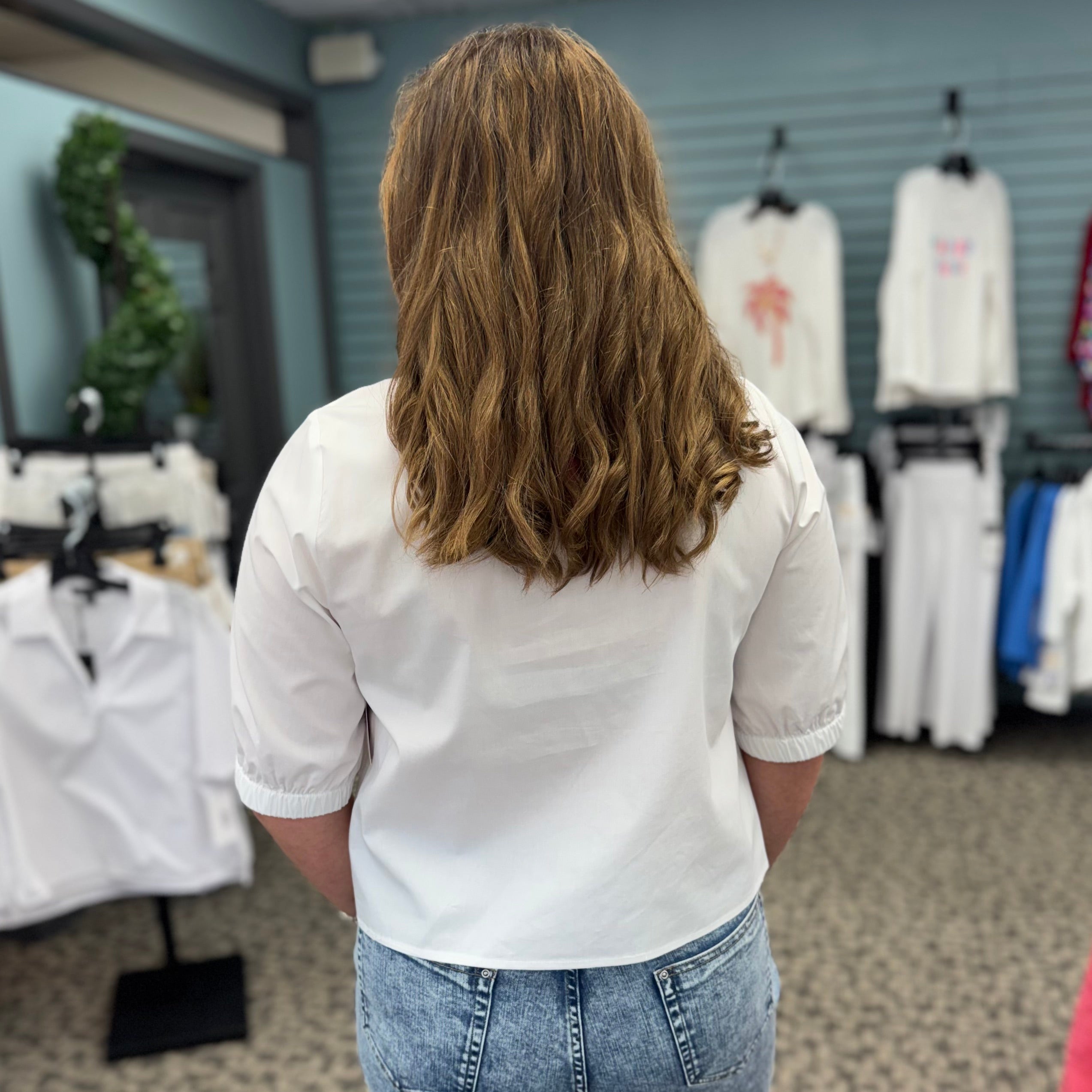 Short Sleeve V-Neck Top with Elastic Half Sleeve