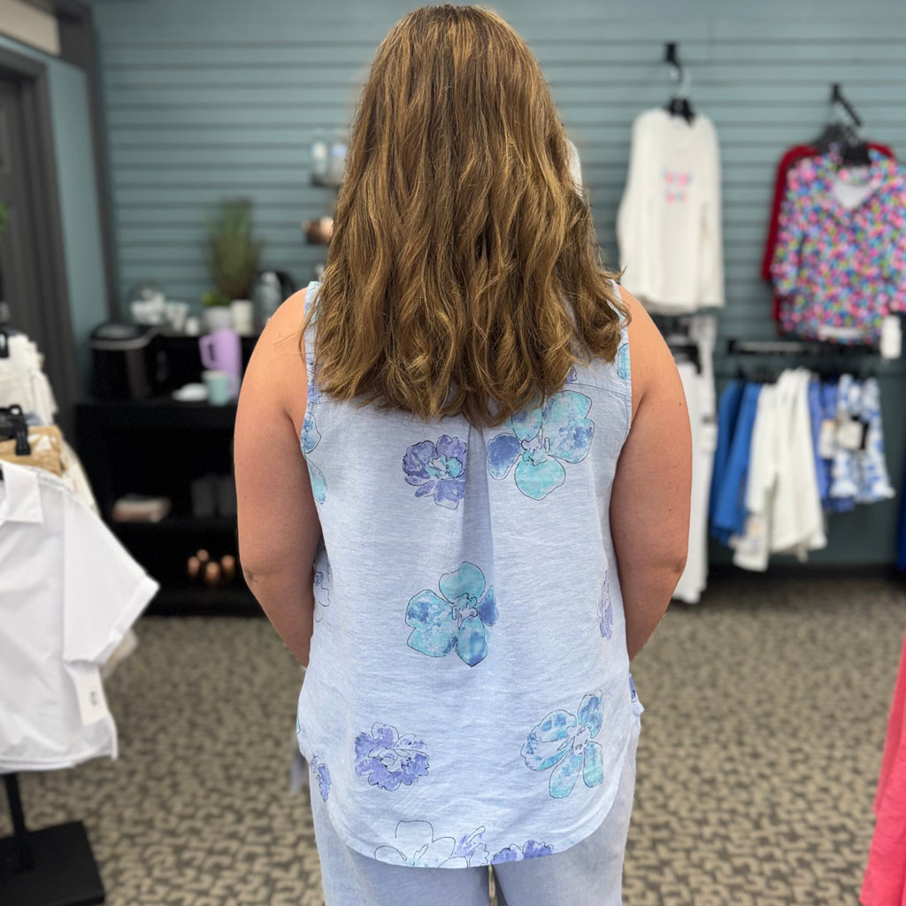 Linen Floral Pleat Back Button Tank