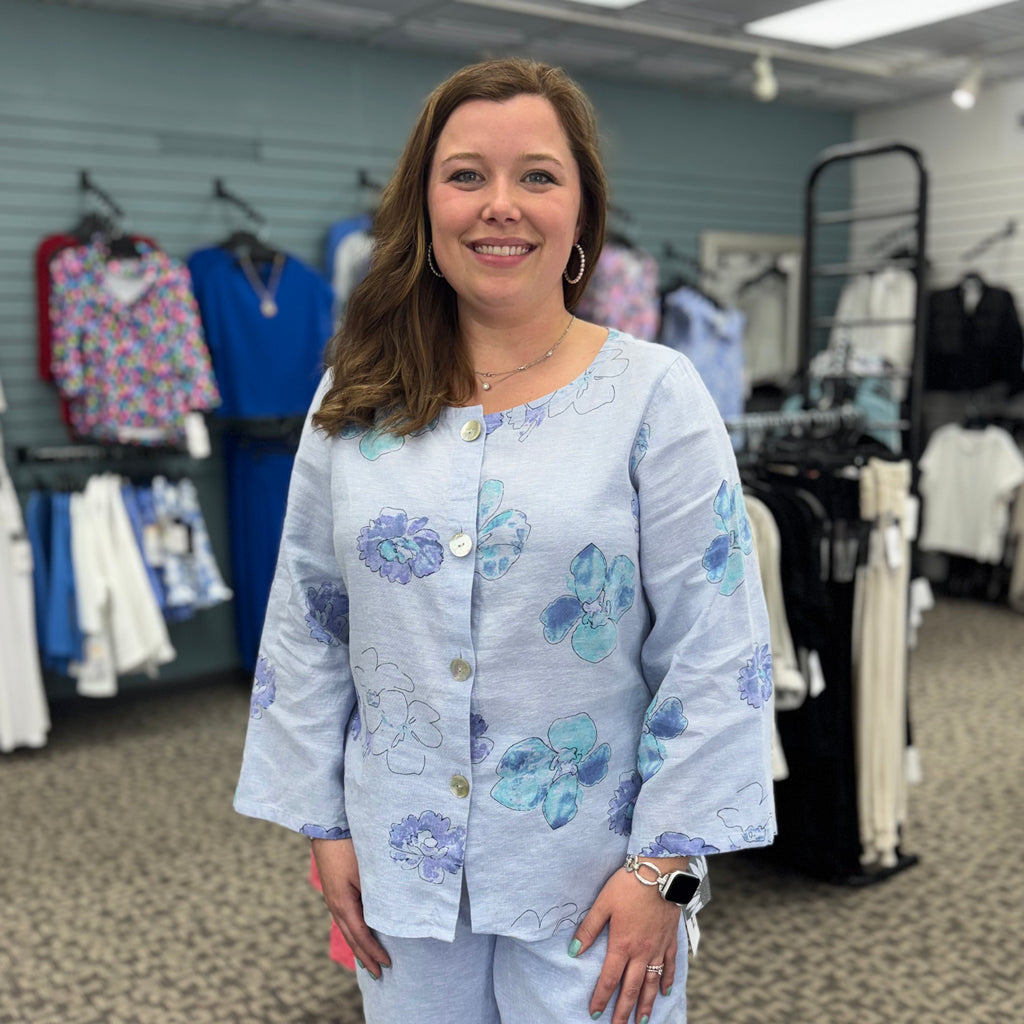 Linen Floral Button-Up Blouse
