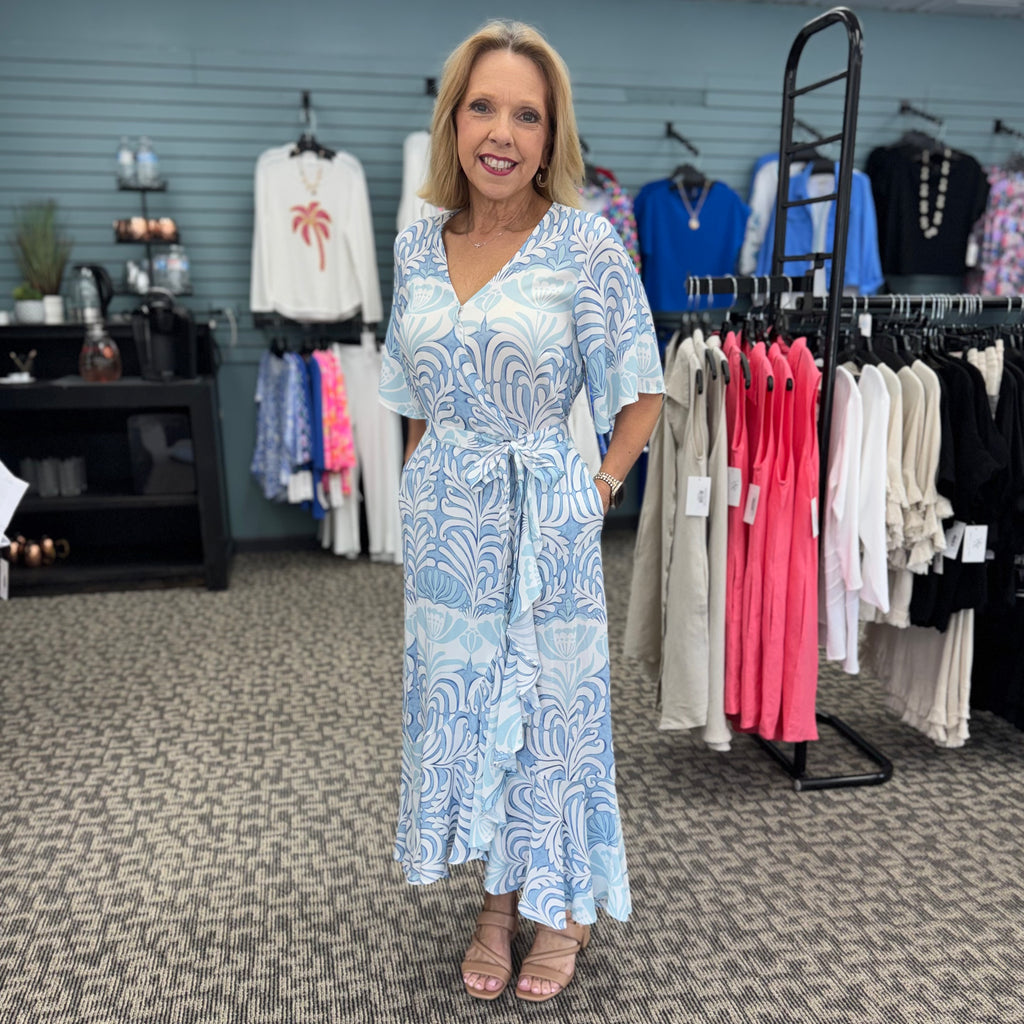 Printed Flutter Sleeve Faux Wrap Dress