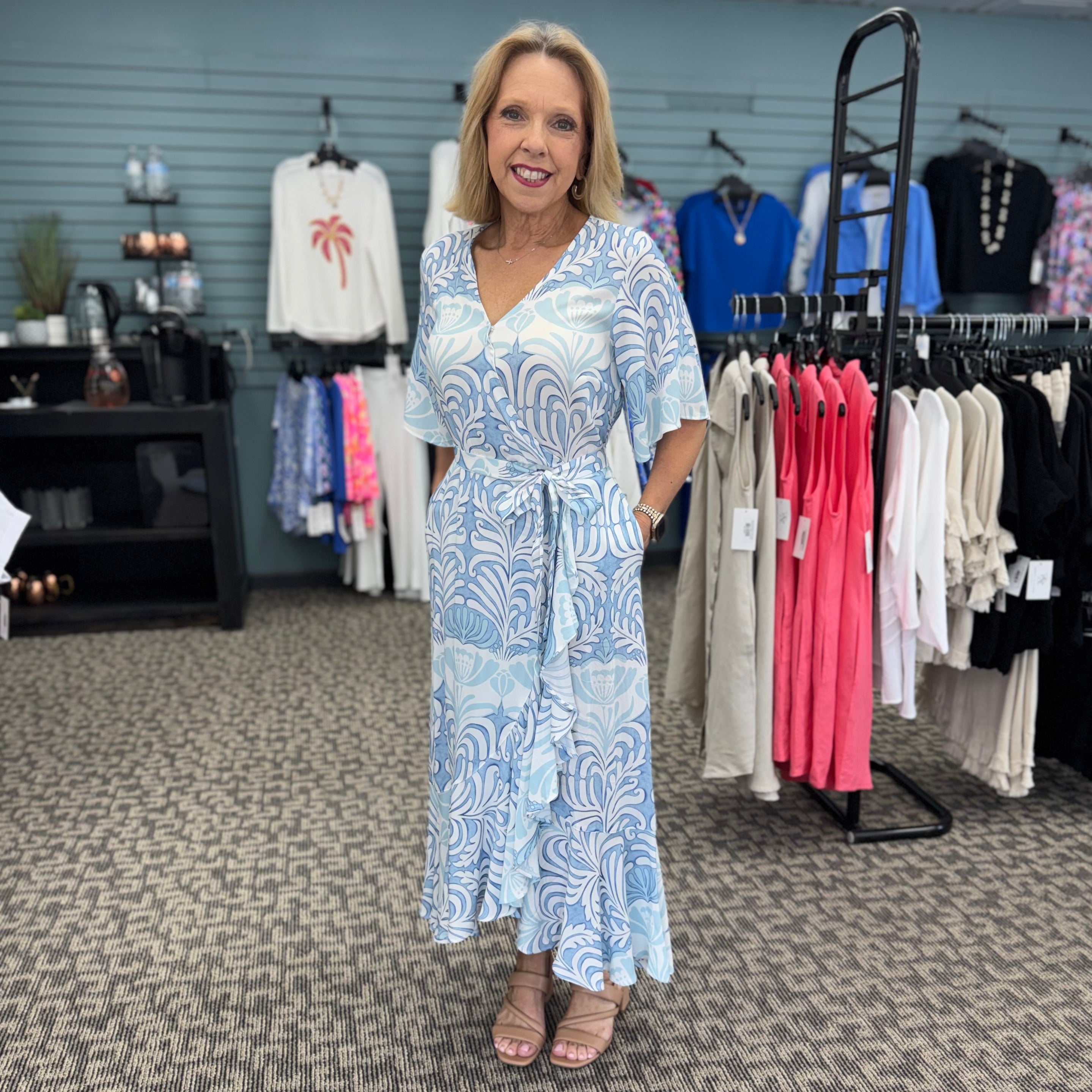 Printed Flutter Sleeve Faux Wrap Dress