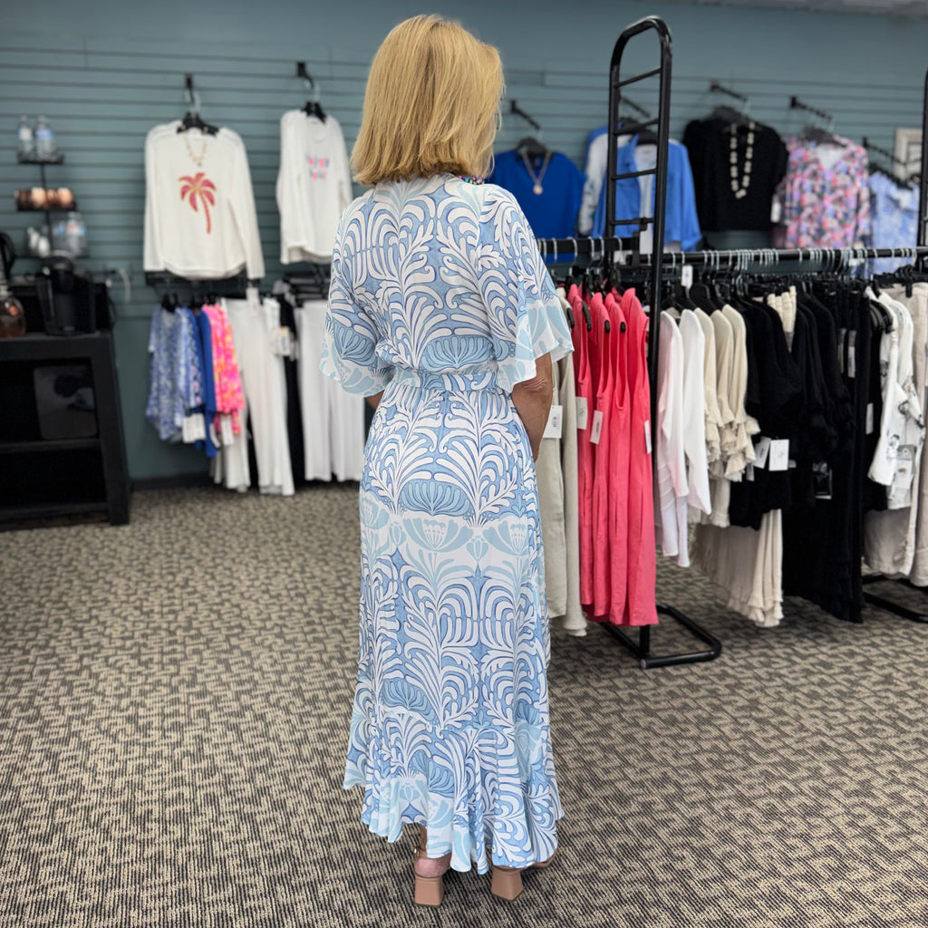 Printed Flutter Sleeve Faux Wrap Dress