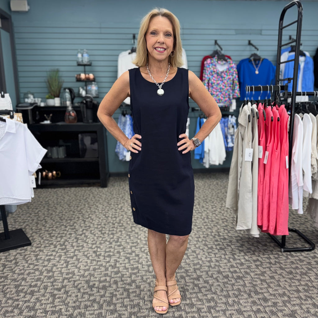 Sleeveless Shift Dress with Decorative Side Button Detail