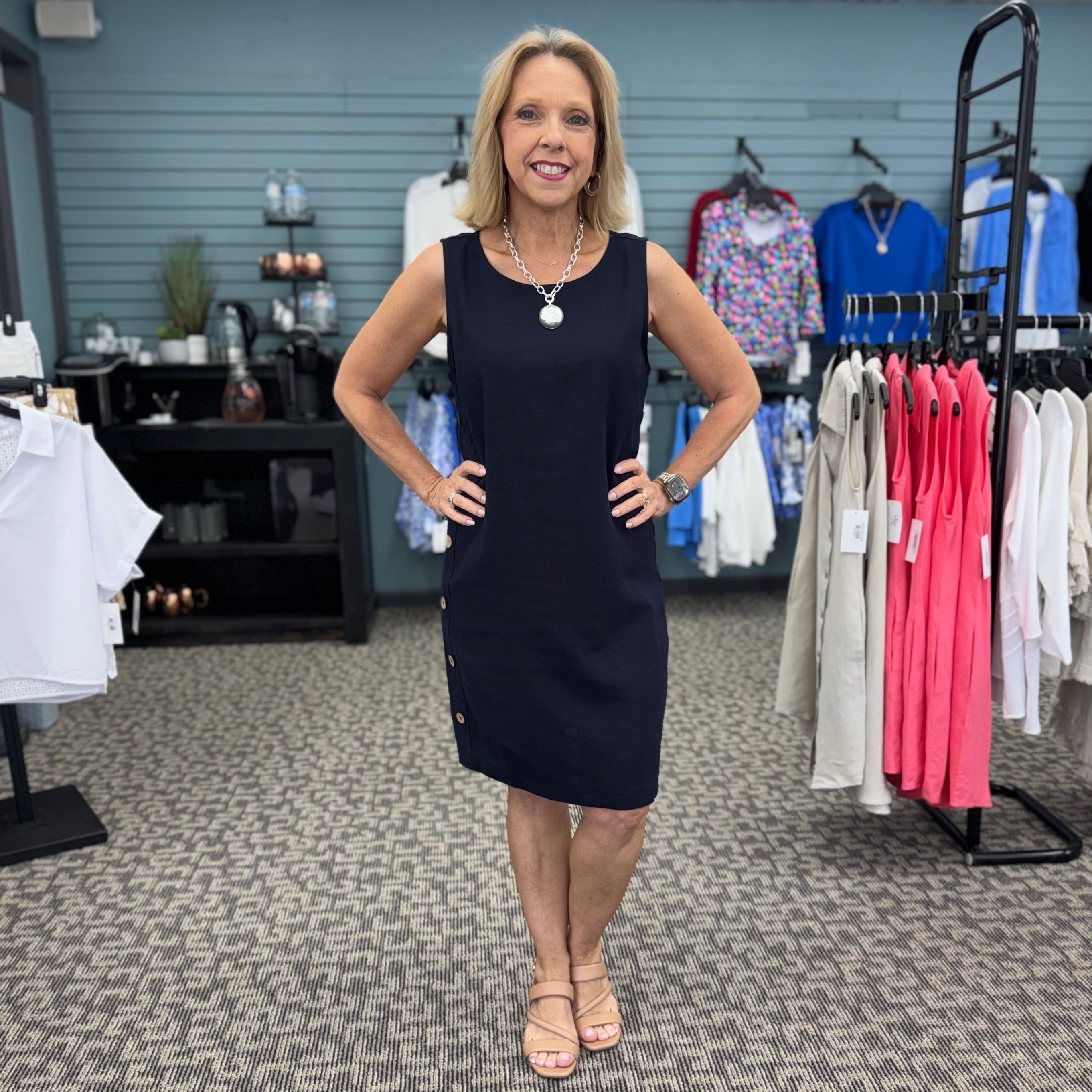 Sleeveless Shift Dress with Decorative Side Button Detail