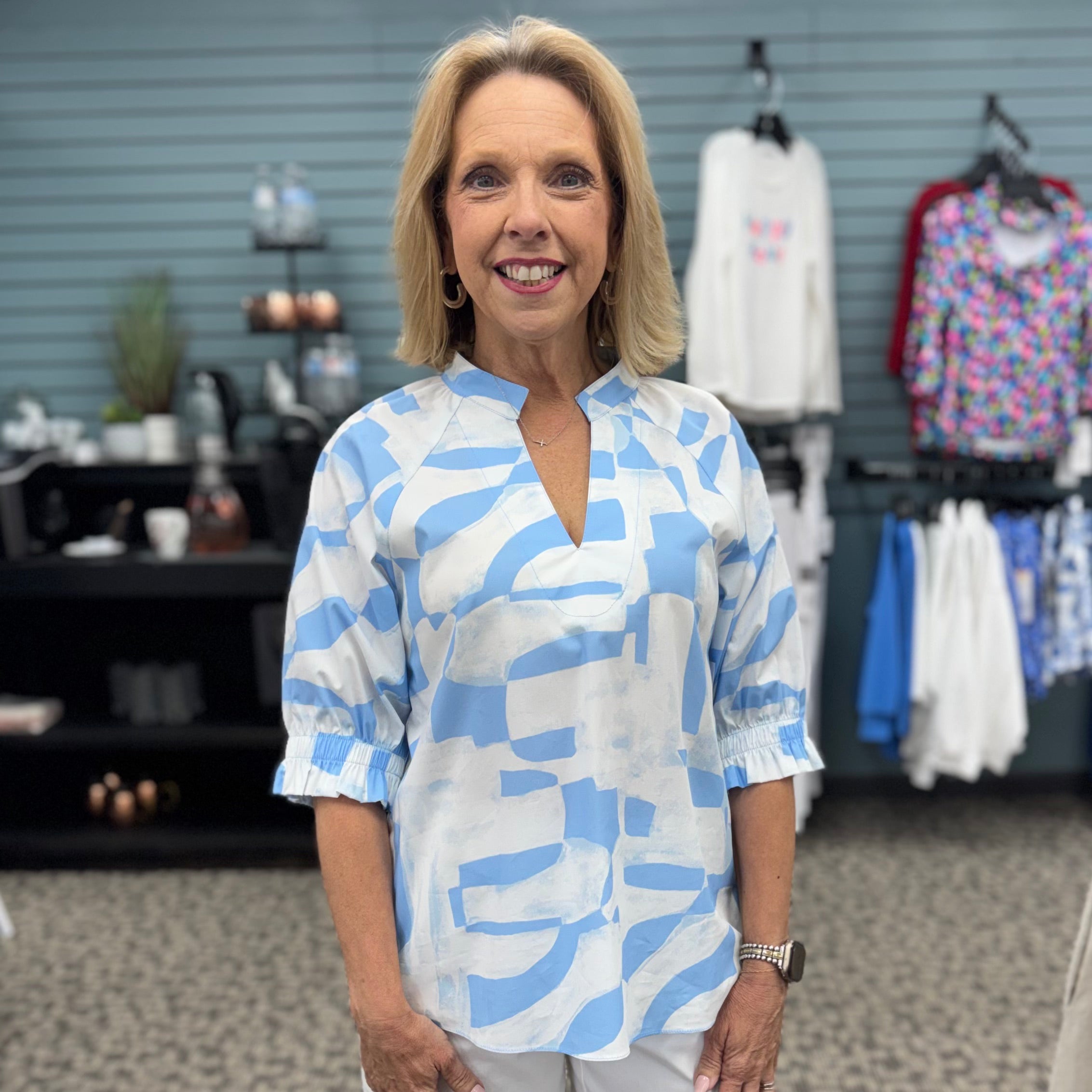 Stretch Cotton Geometric Print Straight Top with Puff Sleeve