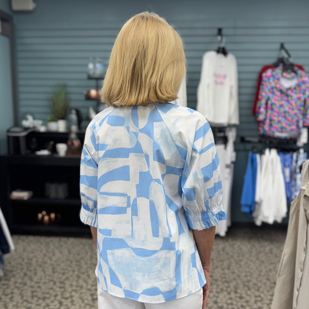 Stretch Cotton Geometric Print Straight Top with Puff Sleeve