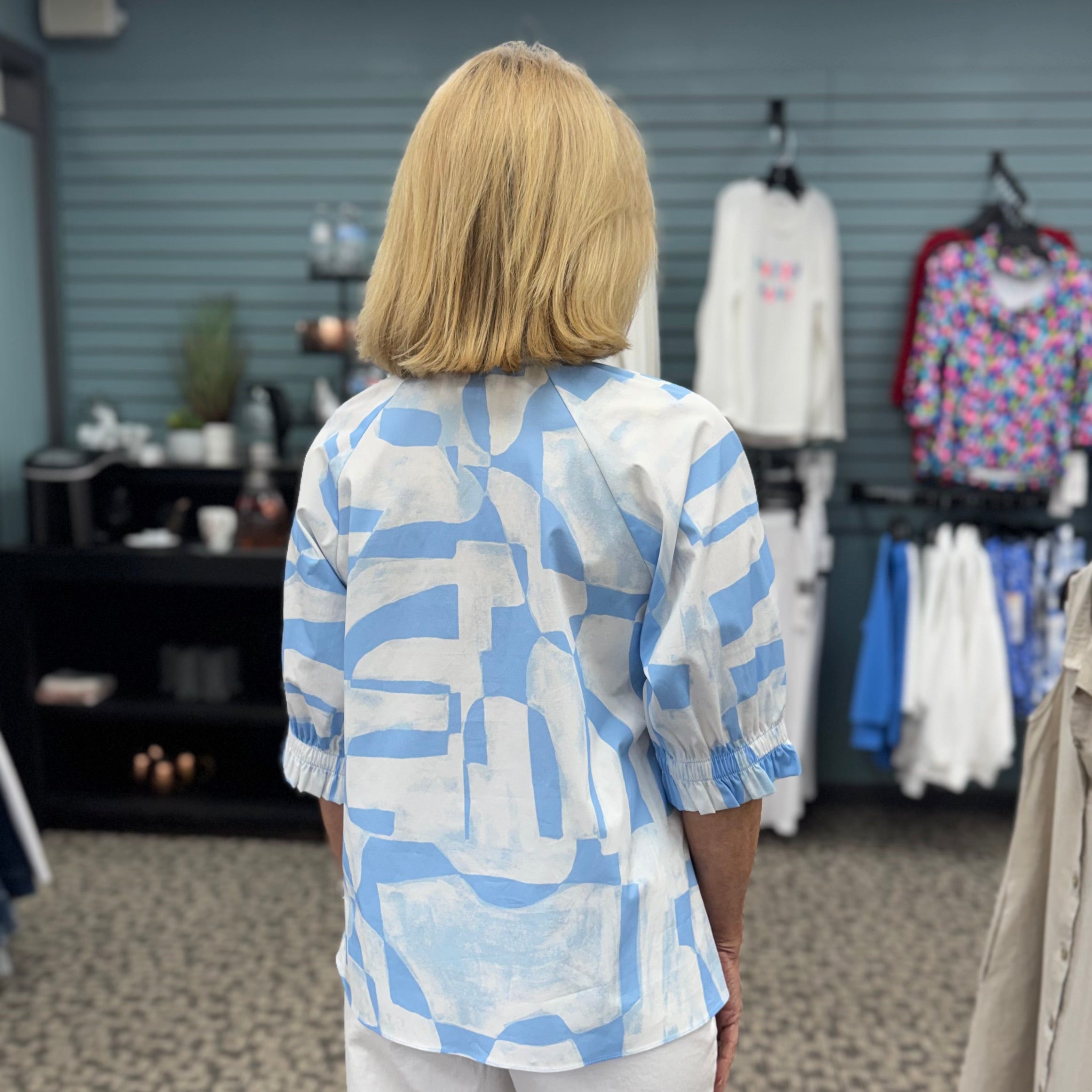 Stretch Cotton Geometric Print Straight Top with Puff Sleeve