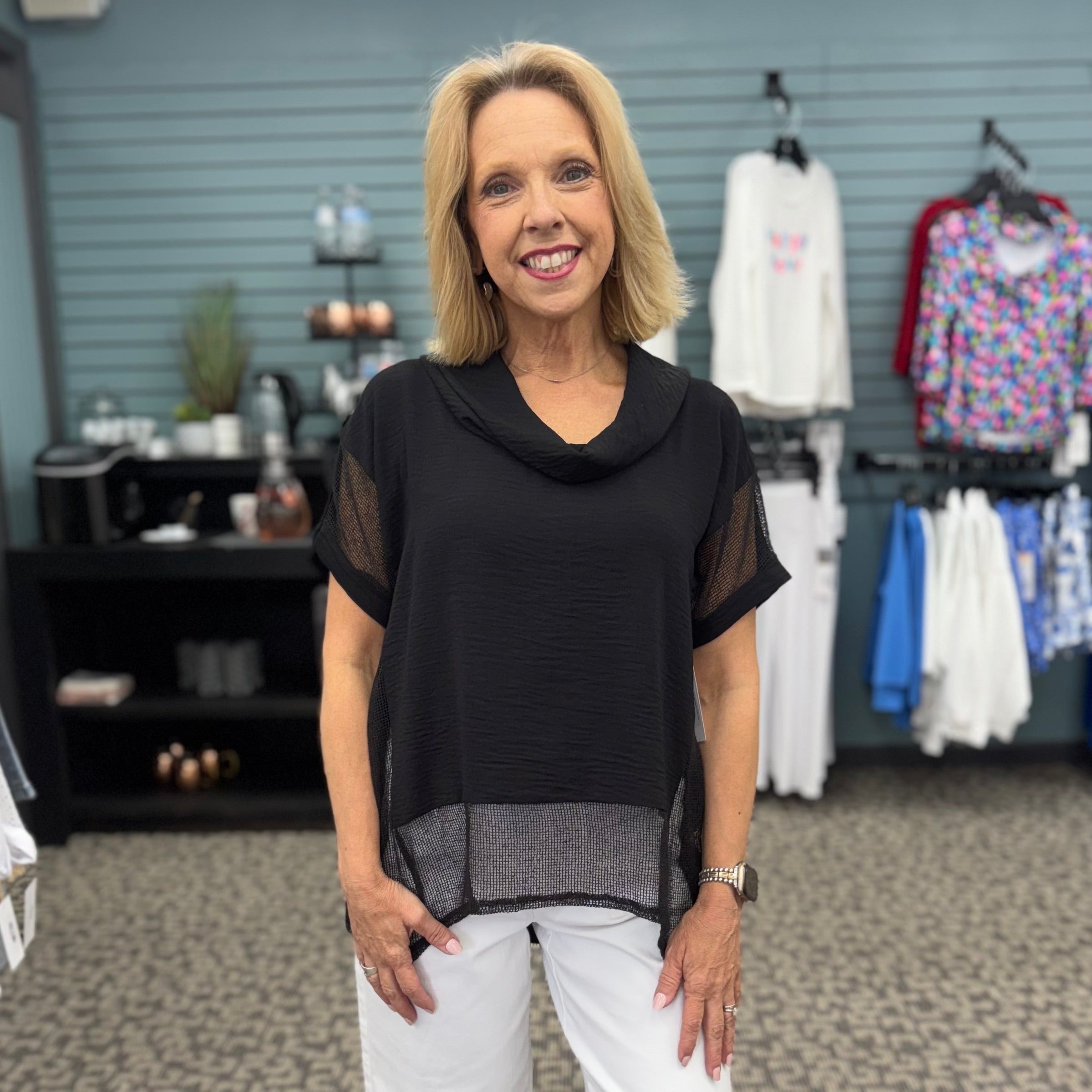 Woven Gauze and Mesh Boxy Top