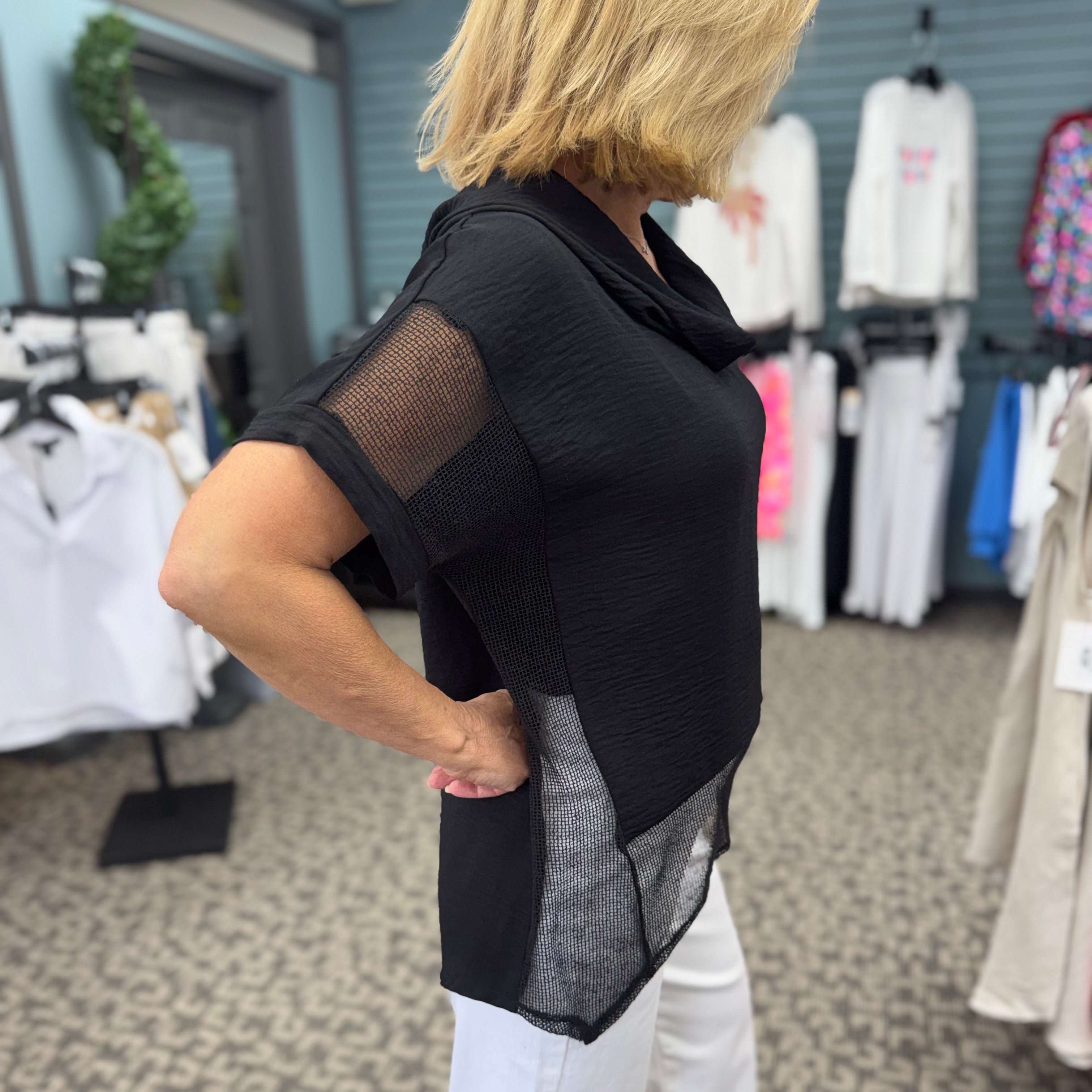 Woven Gauze and Mesh Boxy Top