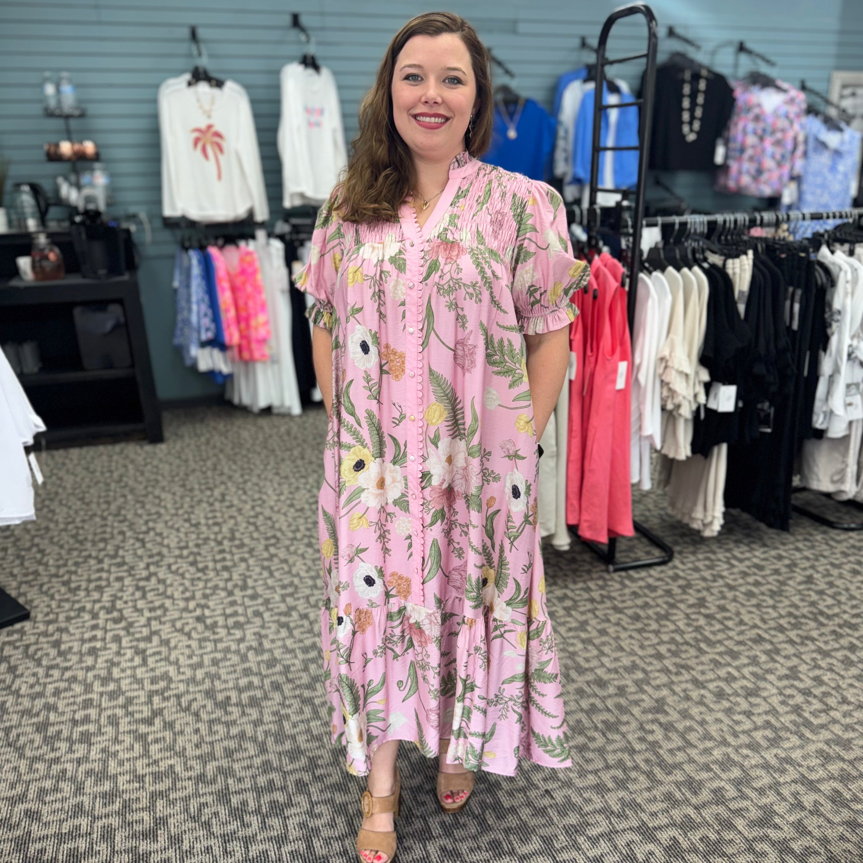 Floral Smocked Button-Front Midi Dress