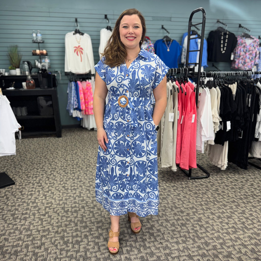 Printed Eyelet Cotton Short Sleeve Dress With Belt at Waist