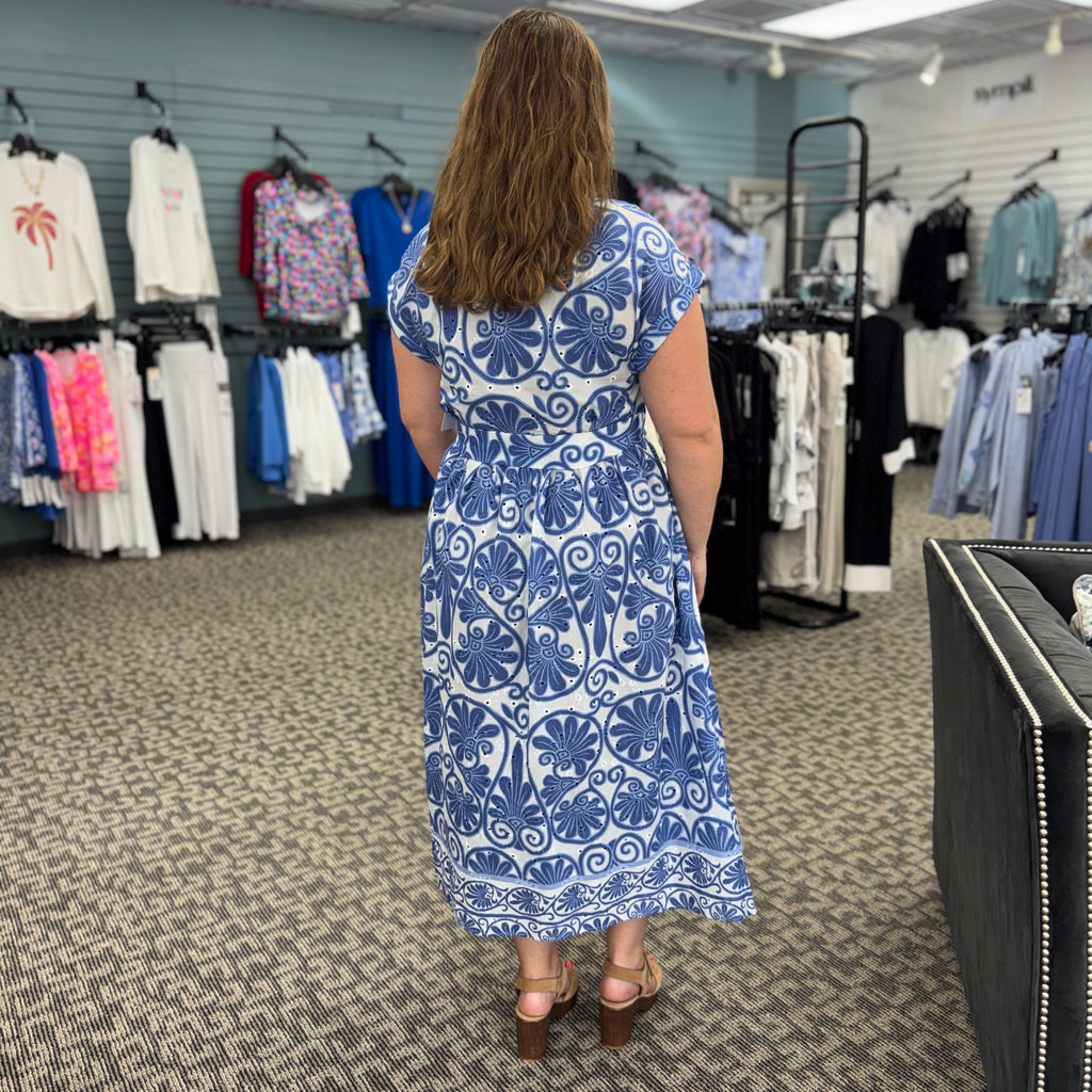 Printed Eyelet Cotton Short Sleeve Dress With Belt at Waist