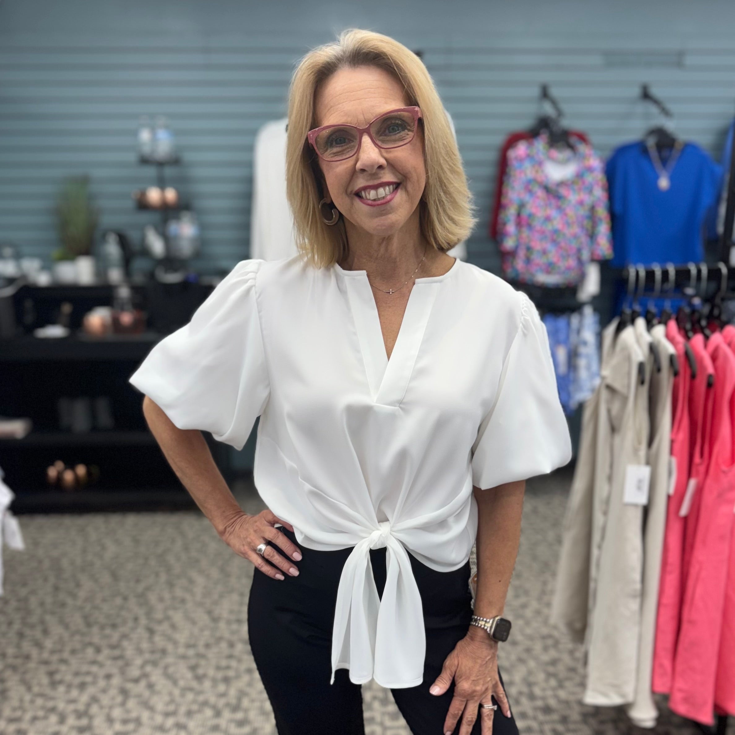 Tie Front Bubble Sleeve Blouse