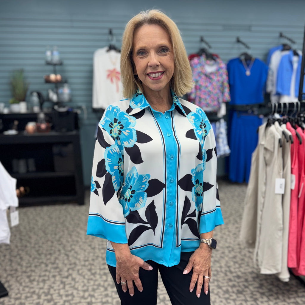 Renuar Floral Button-Up Collared Blouse