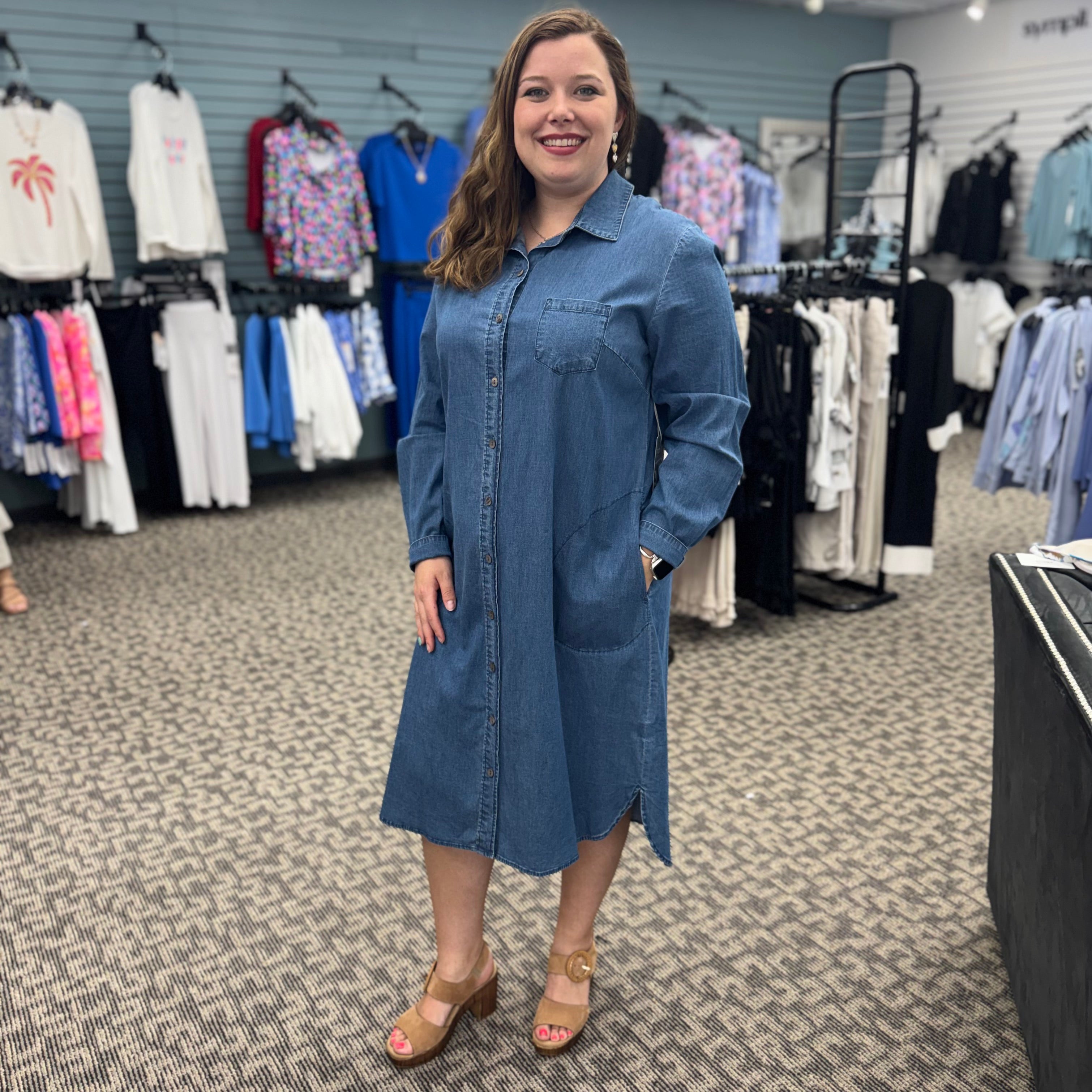 Perfect Travel Denim Cafe Midi Dress