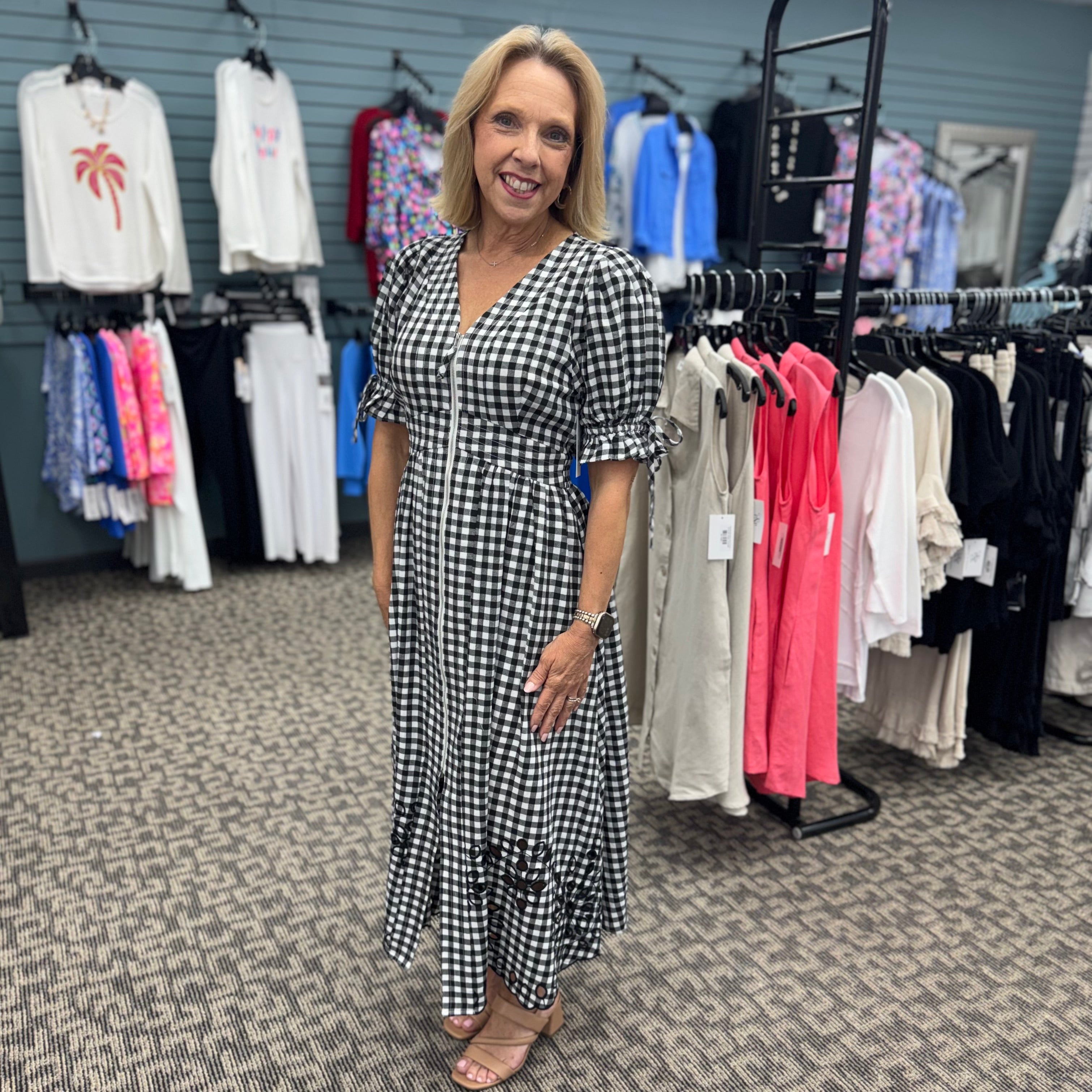 Gingham Puff Sleeve Midi Dress