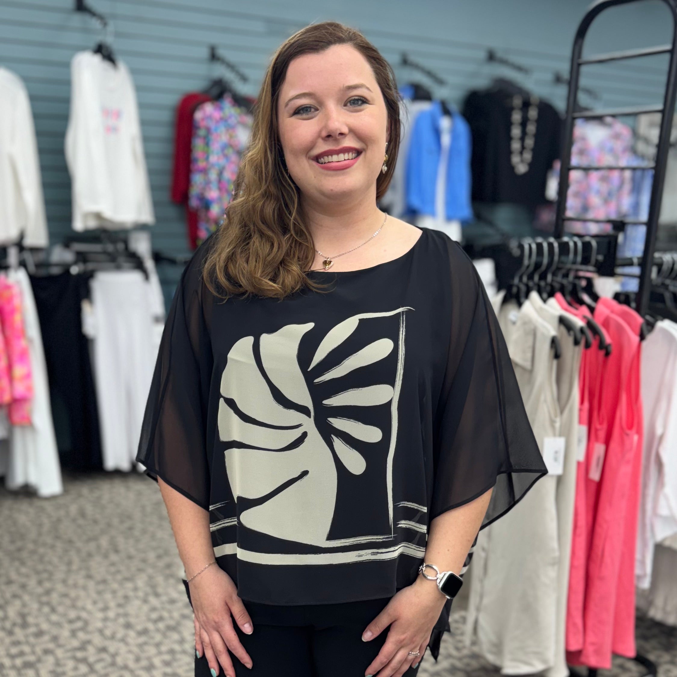 Sheer Woven Tropical Print and Silky Knit Poncho Top