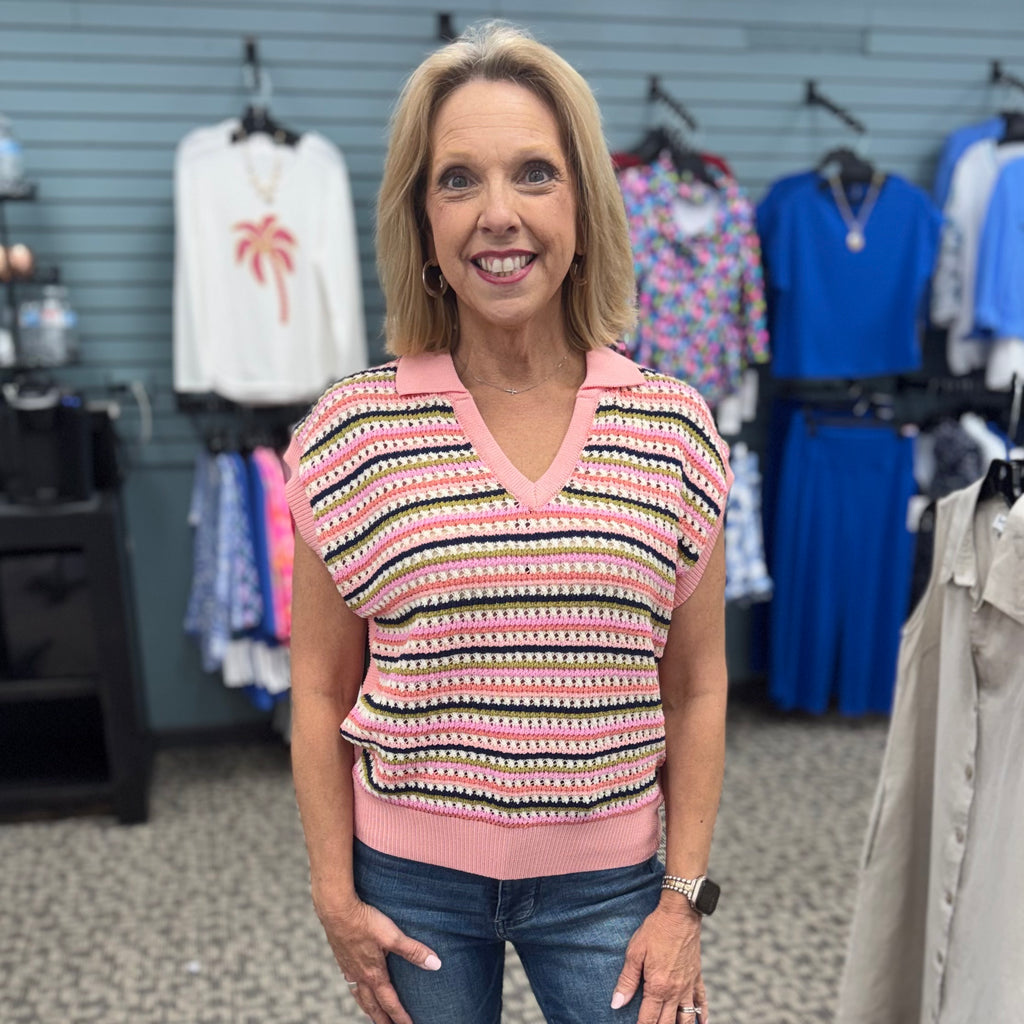Short Sleeve Collared Striped Knit Top