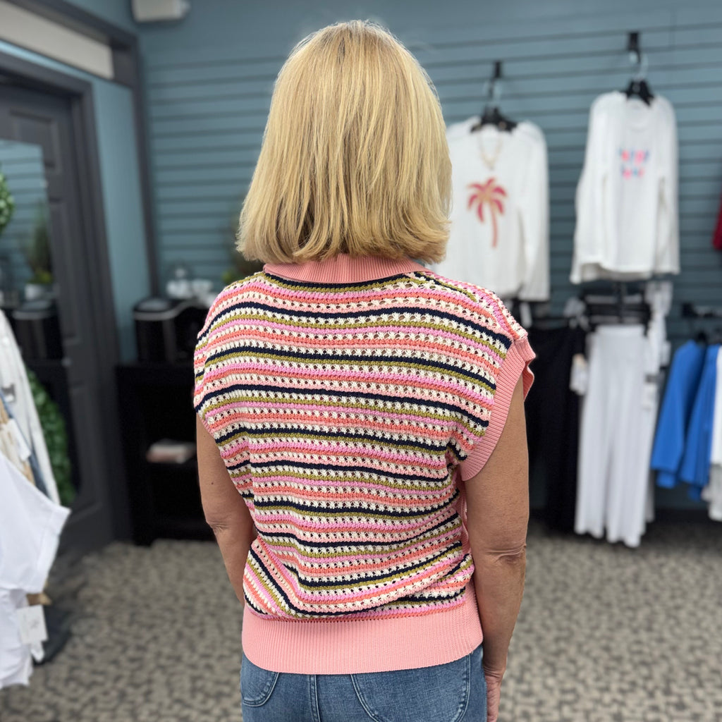 Short Sleeve Collared Striped Knit Top