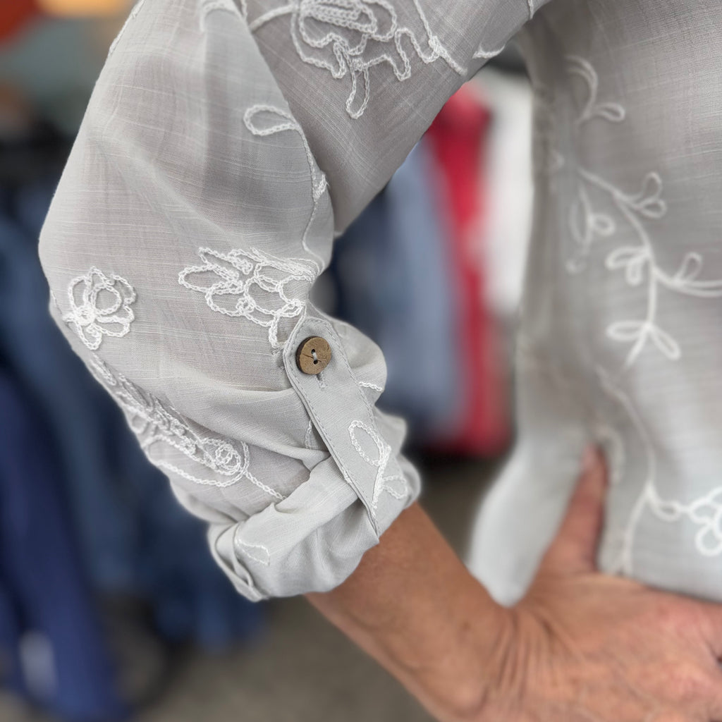 Roll Tab Sleeve Band Collar Tie Waist Shirt