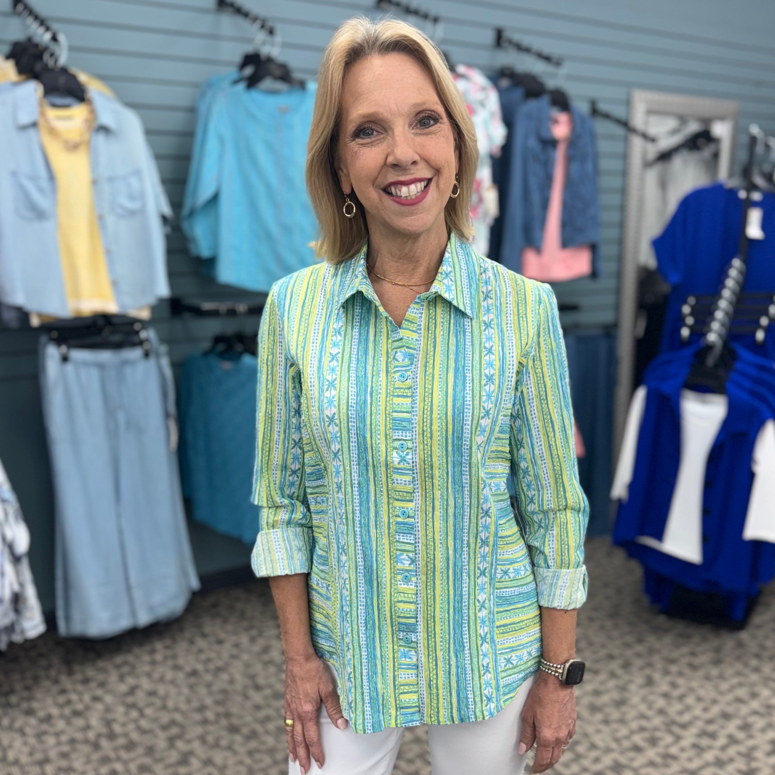 Crinkle Cotton Stripe Side Panel Shape Shirt