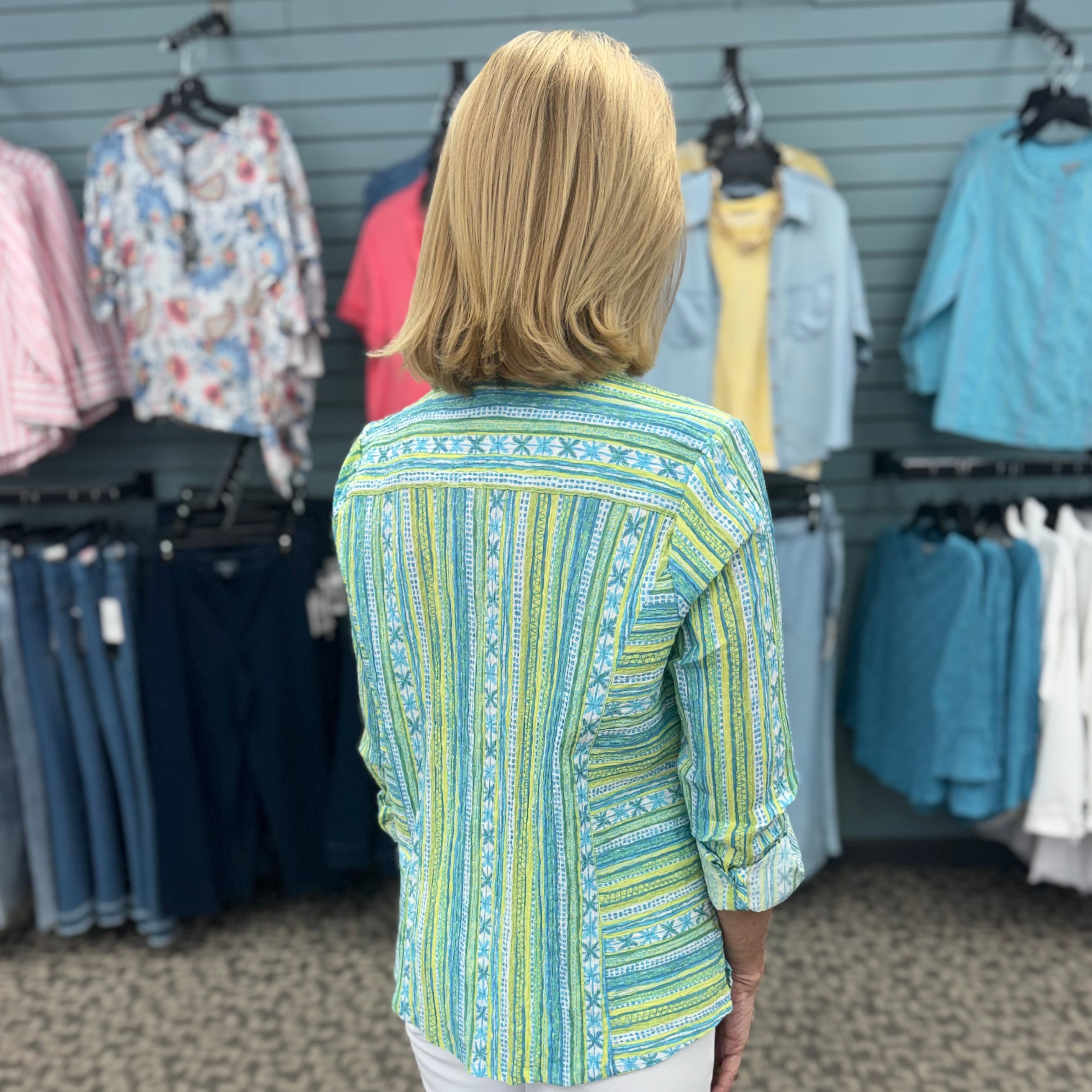 Crinkle Cotton Stripe Side Panel Shape Shirt
