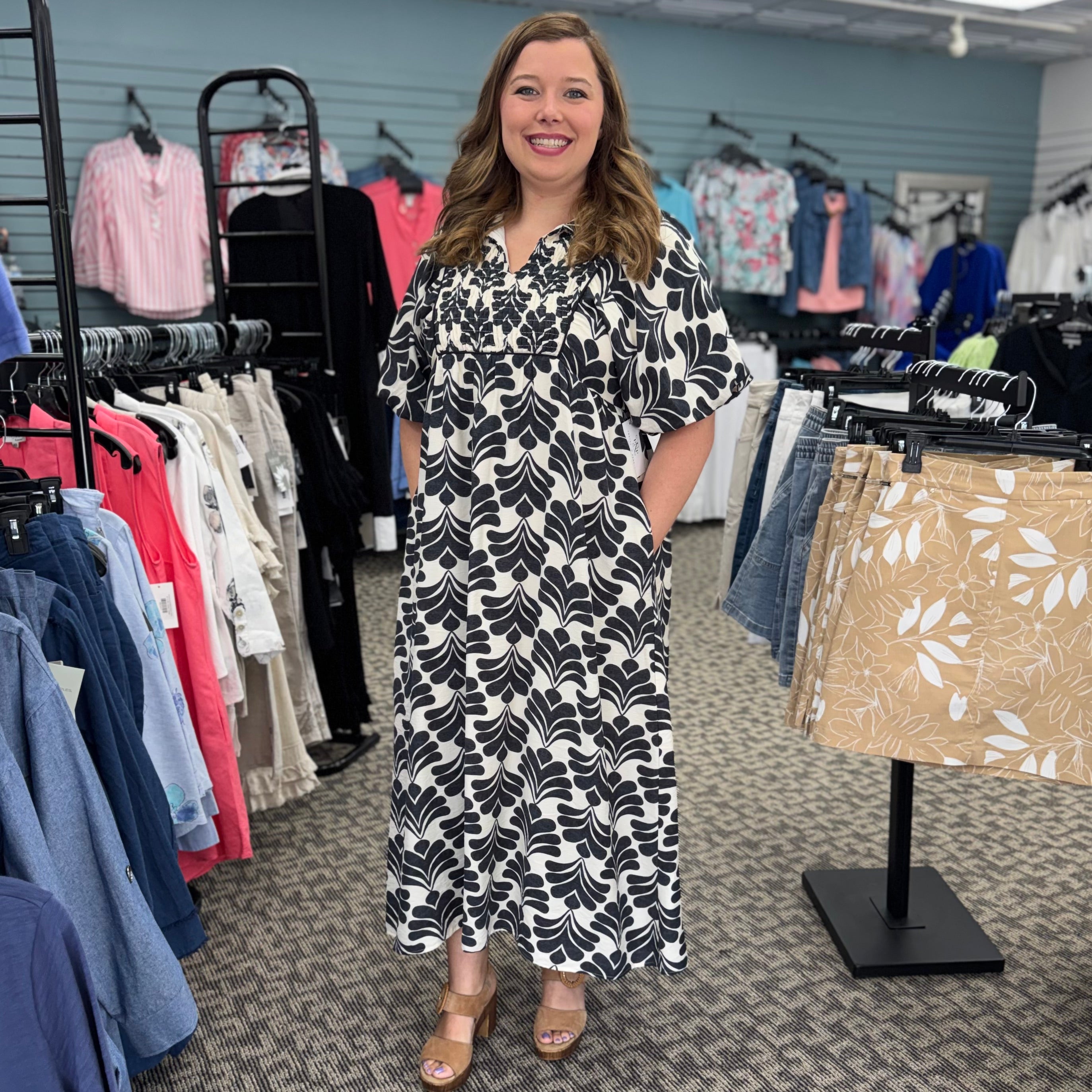 Boho Floral Smocked Midi Dress with Puff Sleeves &amp; Pockets