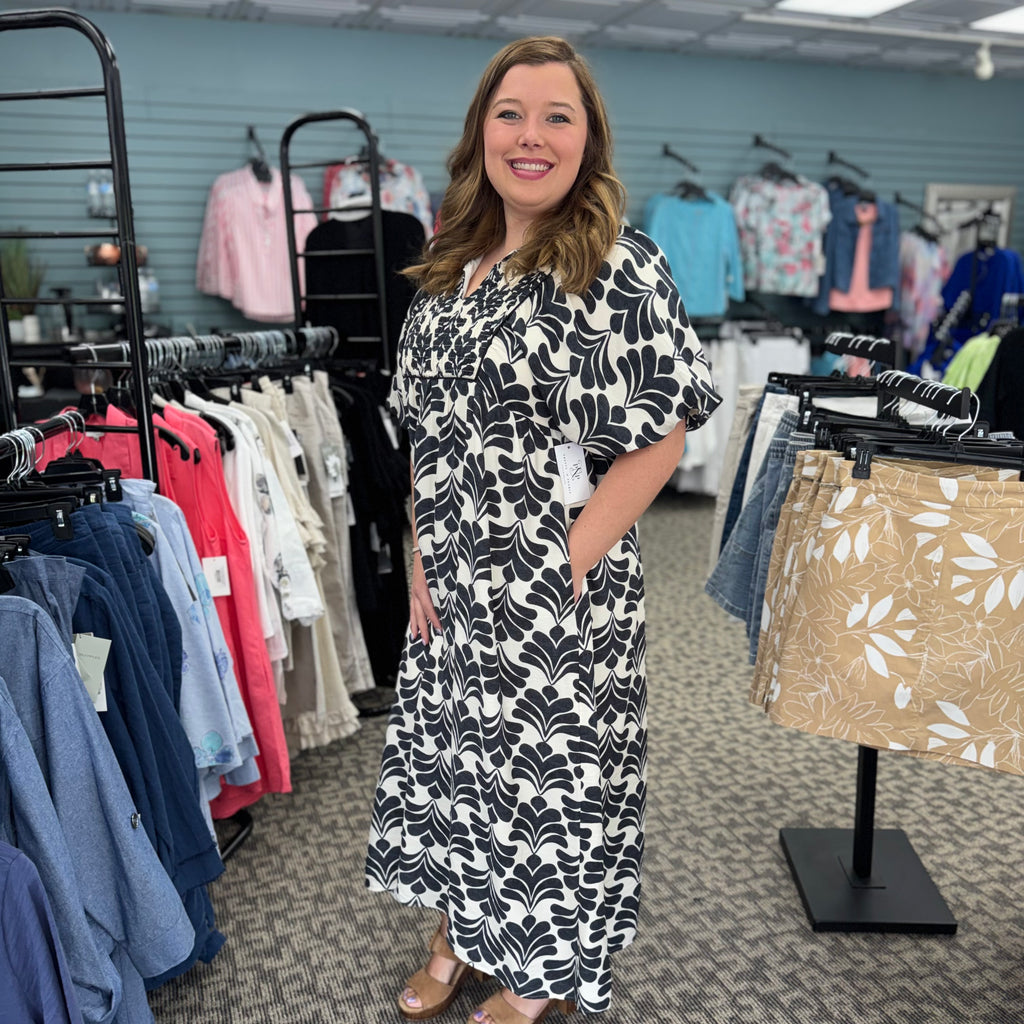 Boho Floral Smocked Midi Dress with Puff Sleeves &amp; Pockets