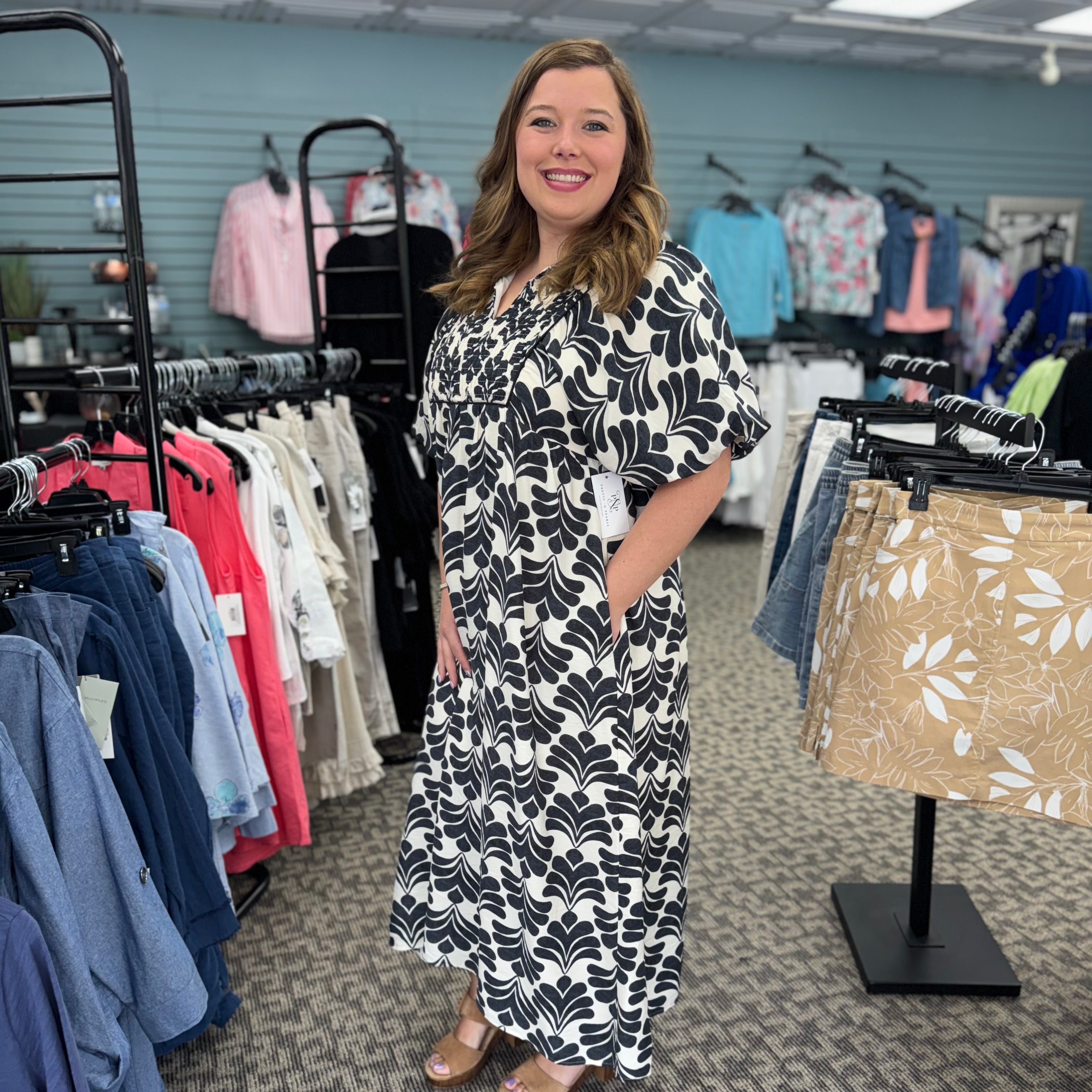 Boho Floral Smocked Midi Dress with Puff Sleeves &amp; Pockets