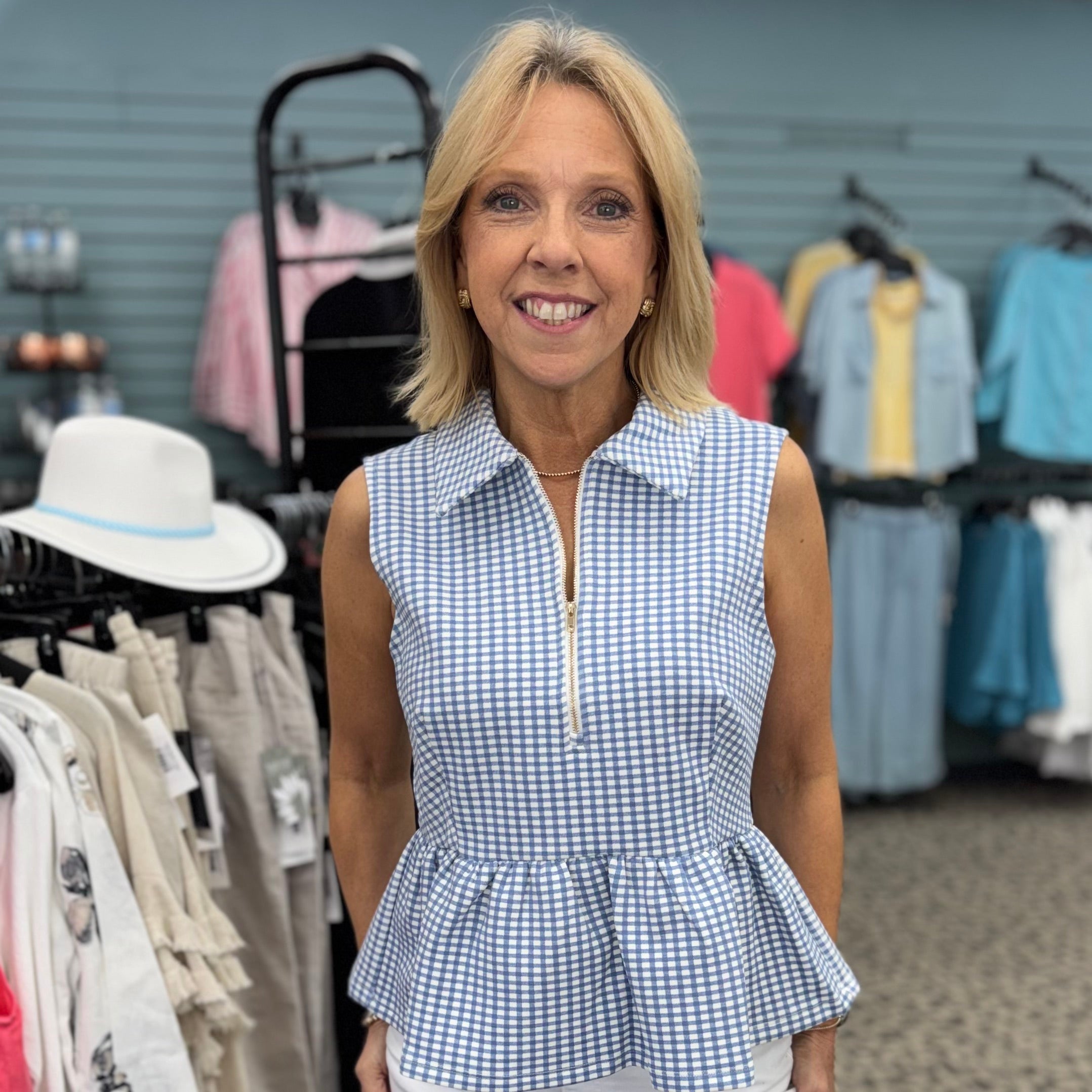Gingham Sleeveless Peplum Top
