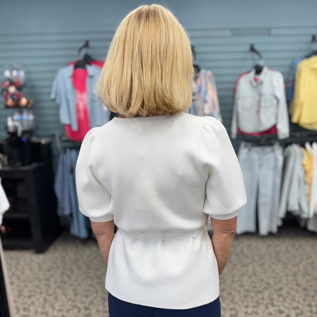 Tie-Waist Puff Sleeve Knit Top