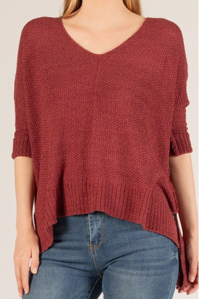 3/4 Sleeve V-Neck Knit Sweater