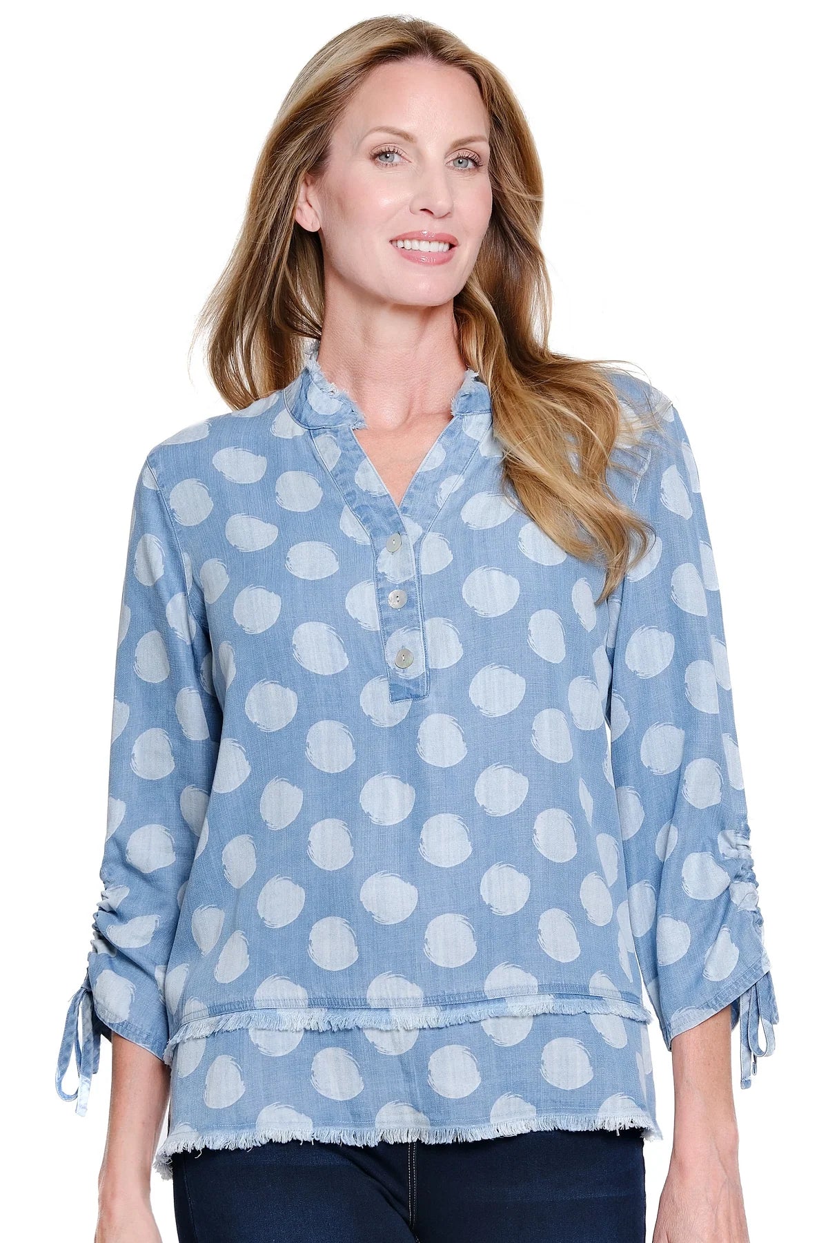 3/4 Drawstring Sleeve Fringe Hem Top