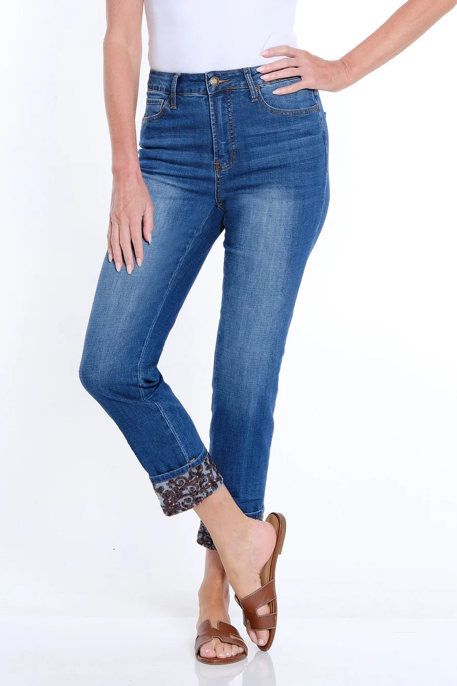 Sequin Trim Cuffed Ankle Jean