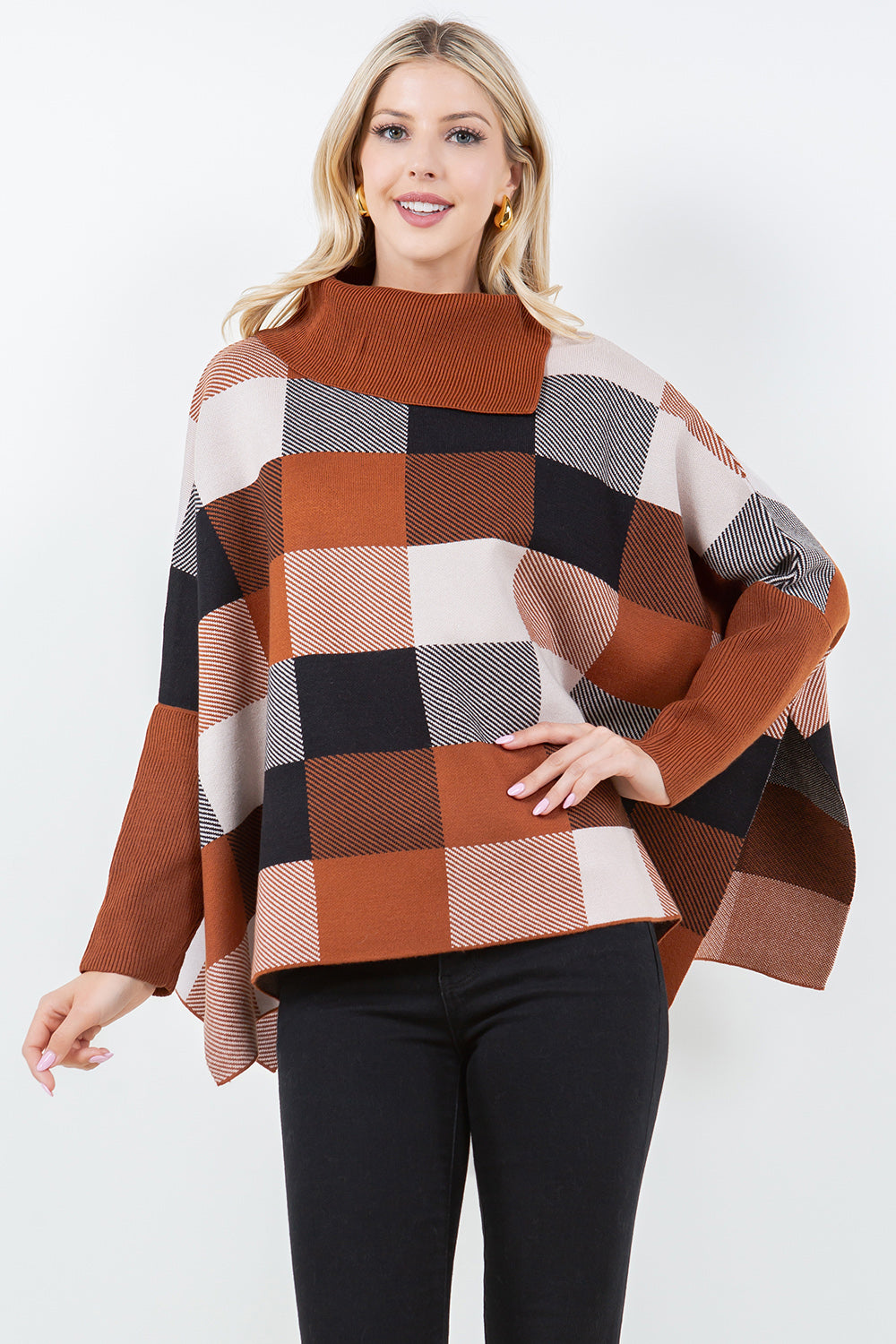 Brown Checker Design Poncho with Sleeves