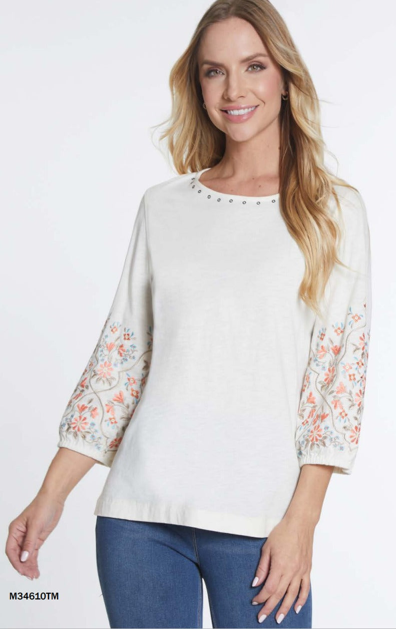 M34610TM Embroidered 3/4 Sleeve Top