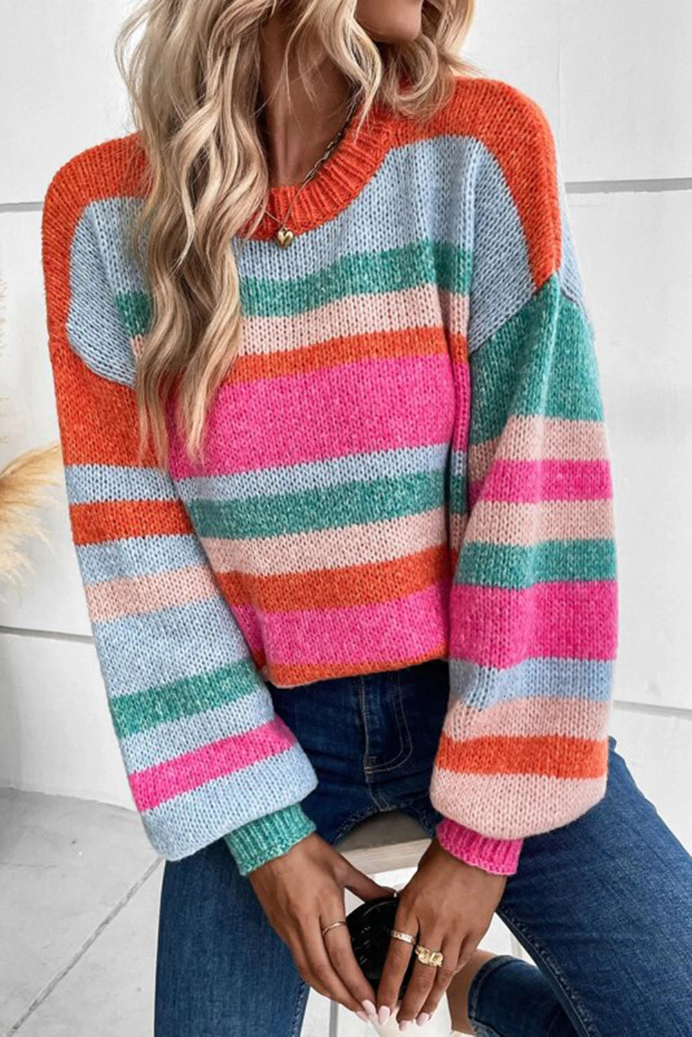 Striped Drop Shoulder Puff Sleeve Sweater