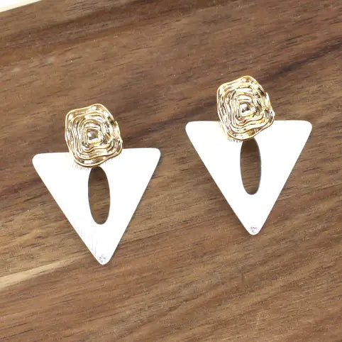 Gold Whirl Post Silver Triangle Drop Earrings