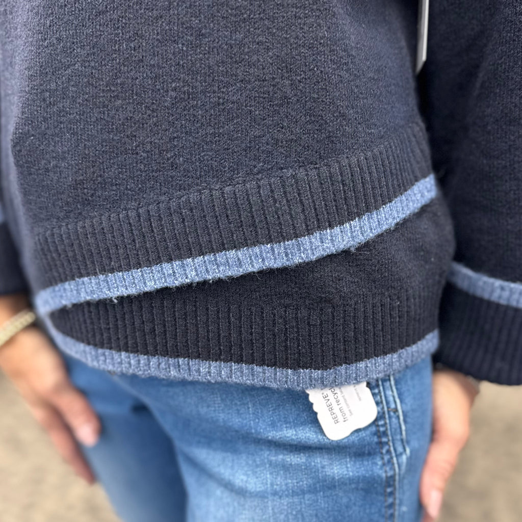 Wide Drop Shoulder Crew Neck Sweater with Asymmetric Hem & Contrast Tipping