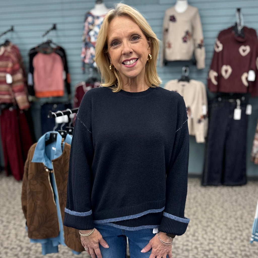 Wide Drop Shoulder Crew Neck Sweater with Asymmetric Hem & Contrast Tipping